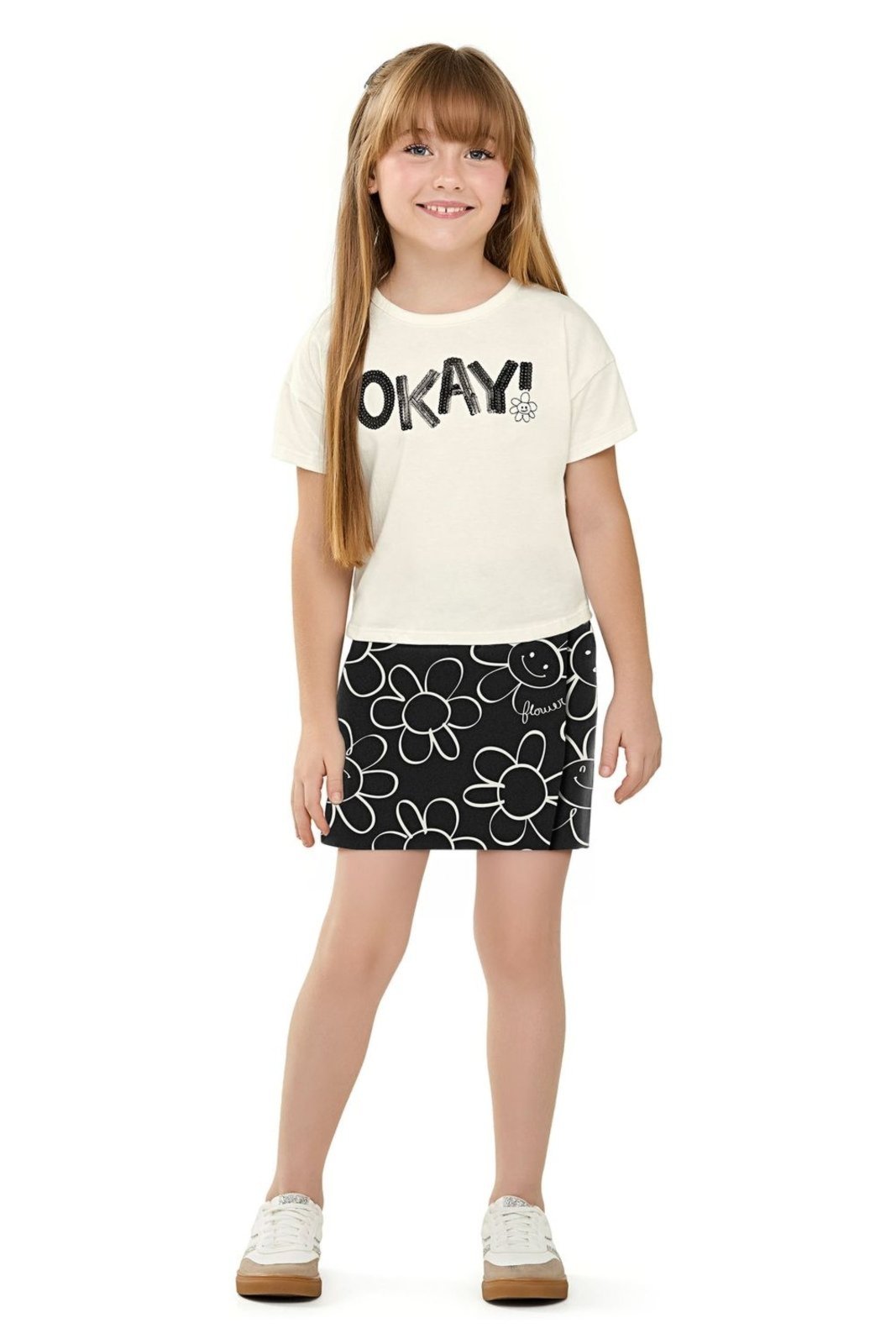 Vista 3 Infantil - Conjunto Menina Blusa e Short Saia Floral Elian bege Elian bege