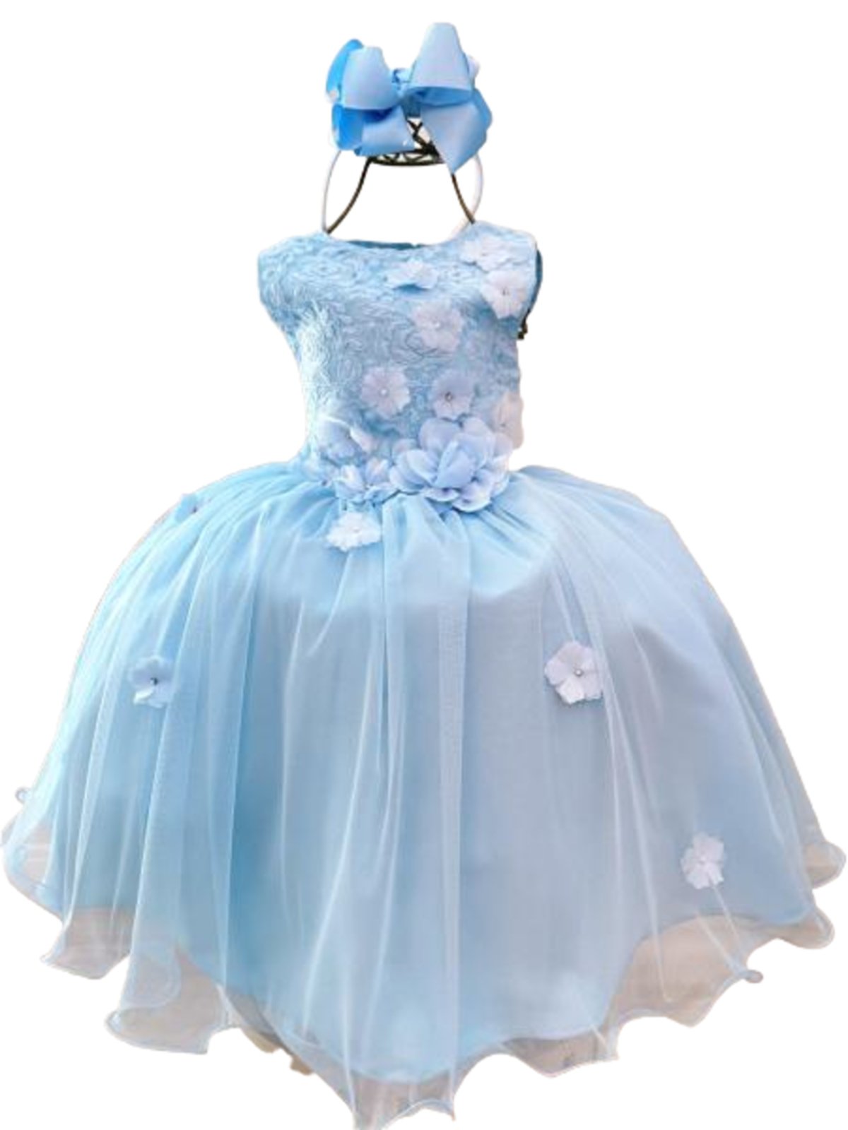 Infantil - Vestido Menina Juvenil Festa Azul Serenity Formatura Casamento Florista Dama Daminha Aniversário Luxo Flores Renda Rodado Social Juvenil
