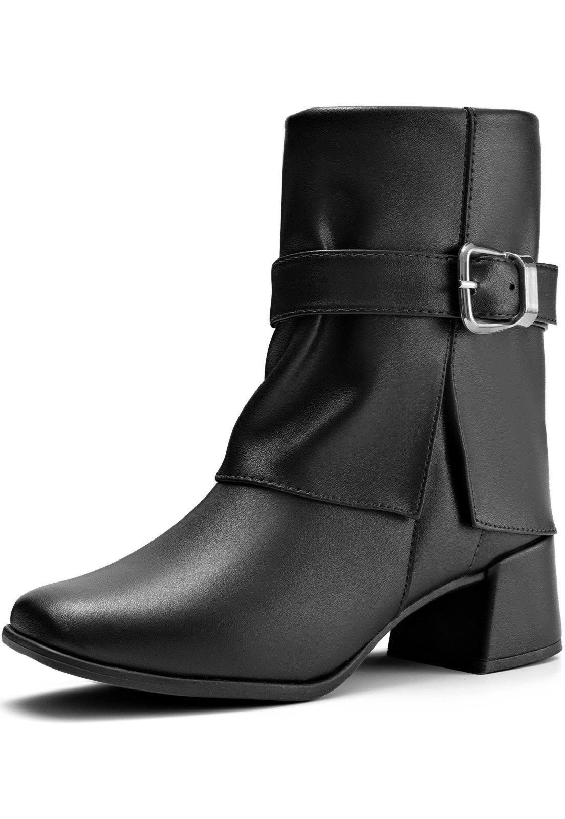Bota Feminina Lumiss Salto Baixo Grosso Cano Baixo Fivela Bico Redondo Preto