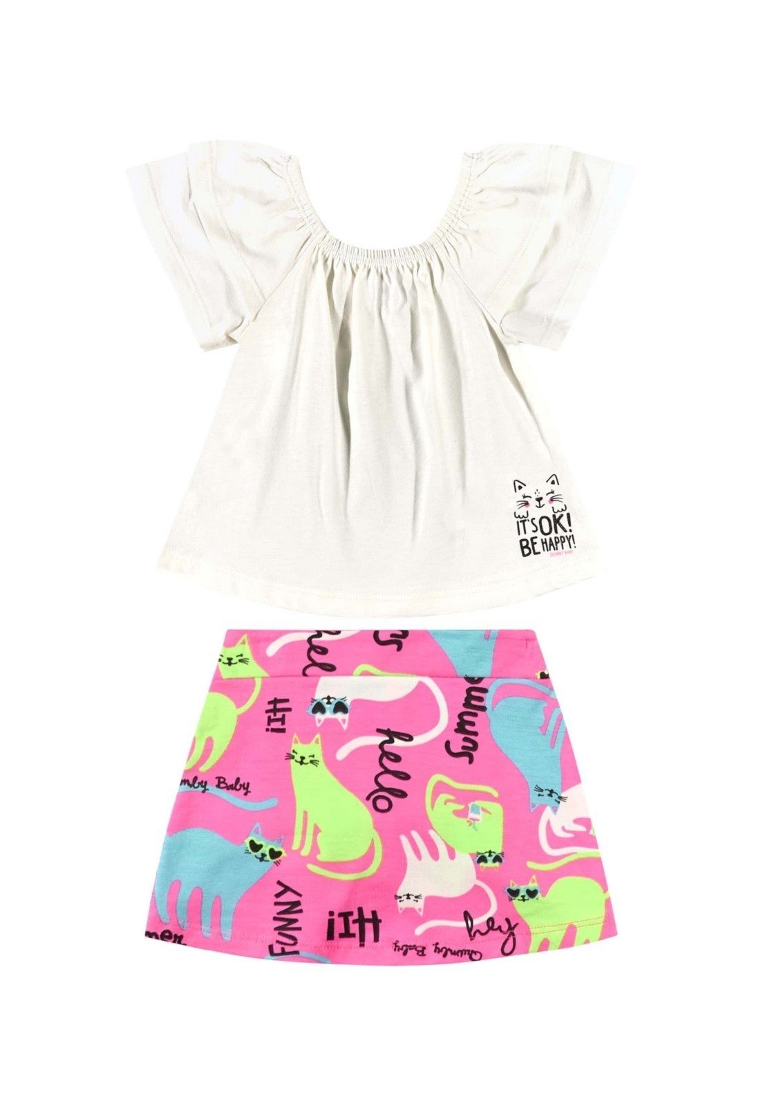 Infantil - Conjunto com Blusa e Saia de Gatinhos para Menina Quimby Off-White