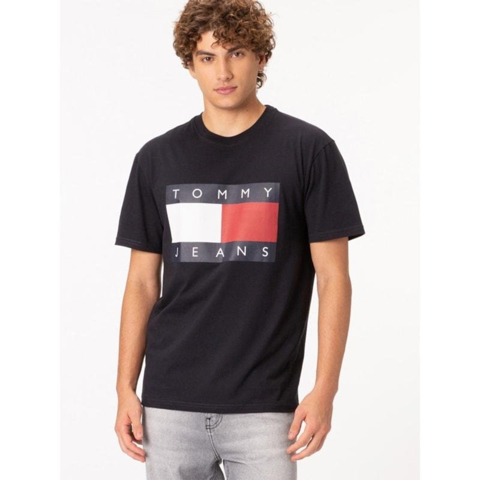 Camiseta de Gola Redonda com Emblema da Bandeira Azul Marinho