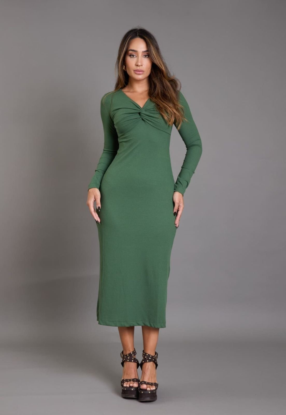 Vestido Midi Canelado Manga Longa com Fenda Lemier Collection Verde