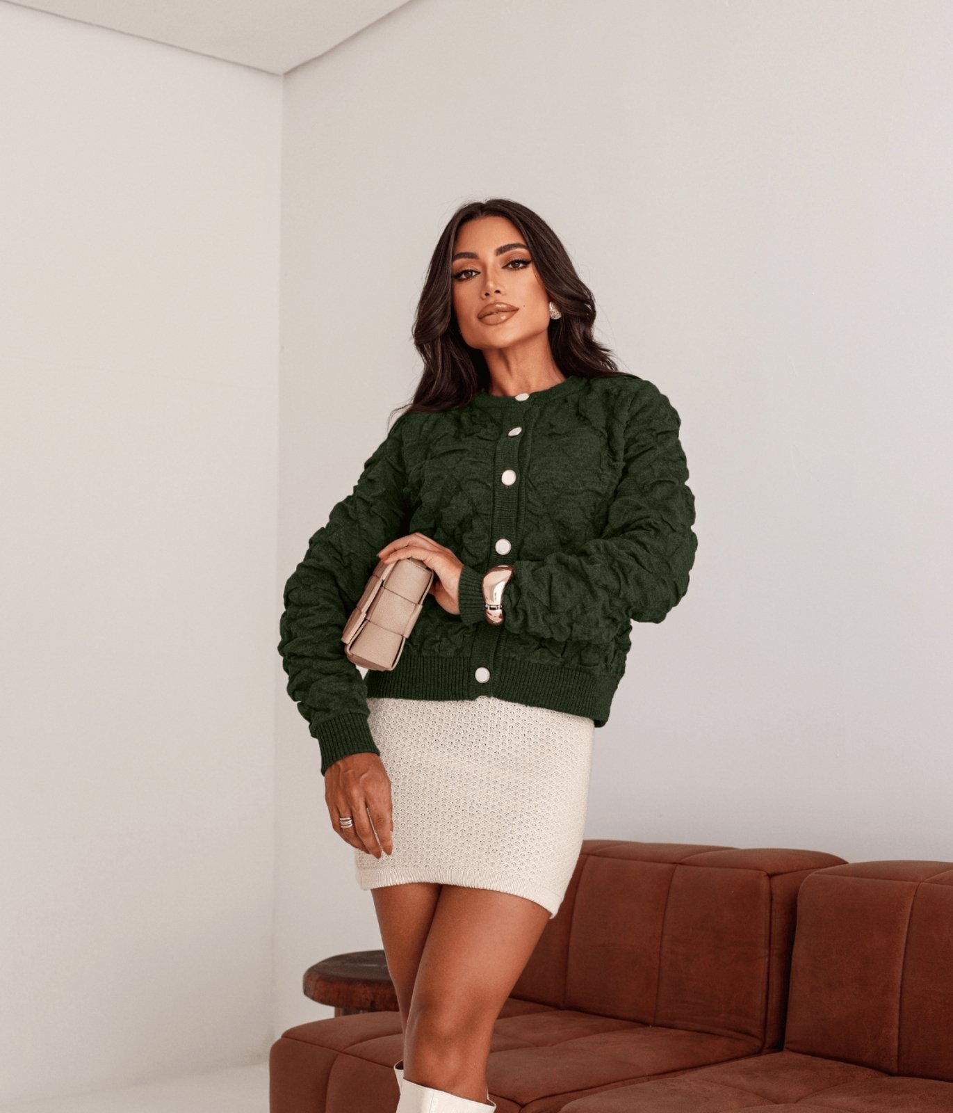 Jaqueta Bomber Cherry Line Feminino Tricô Botão Verde