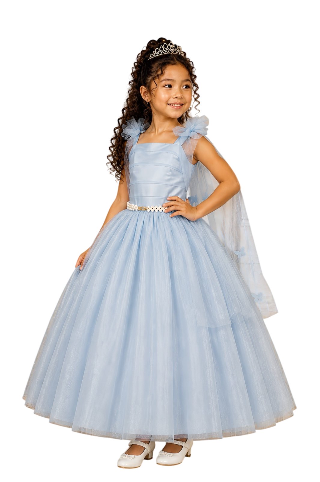 Infantil - Vestido Festa Longo Azul Claro Serenity Formatura Casamento Dama Daminha Borboletas Social Menina Juvenil Pérolas Juvenil Princesa Rodado Florista Aniversário Luxo