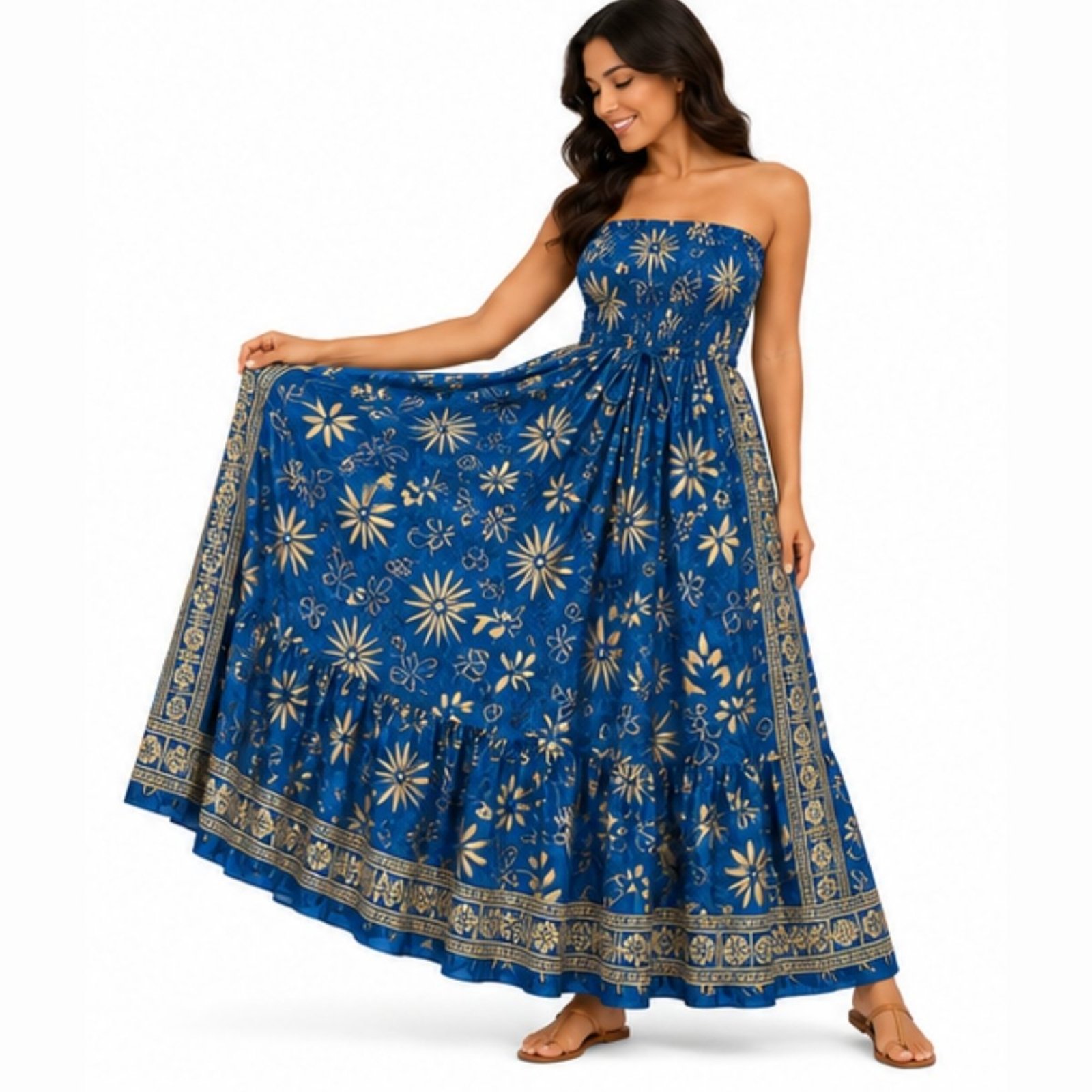 Vestido Longo Feminino Indiano Tomara que Caia com Lastex Marinho