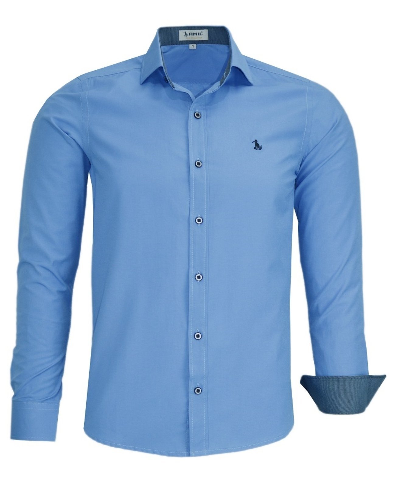 Camisa Social Amil Slim Yondu Misto Macia Fácil de Passar Manga Longa Luxo Azul médio