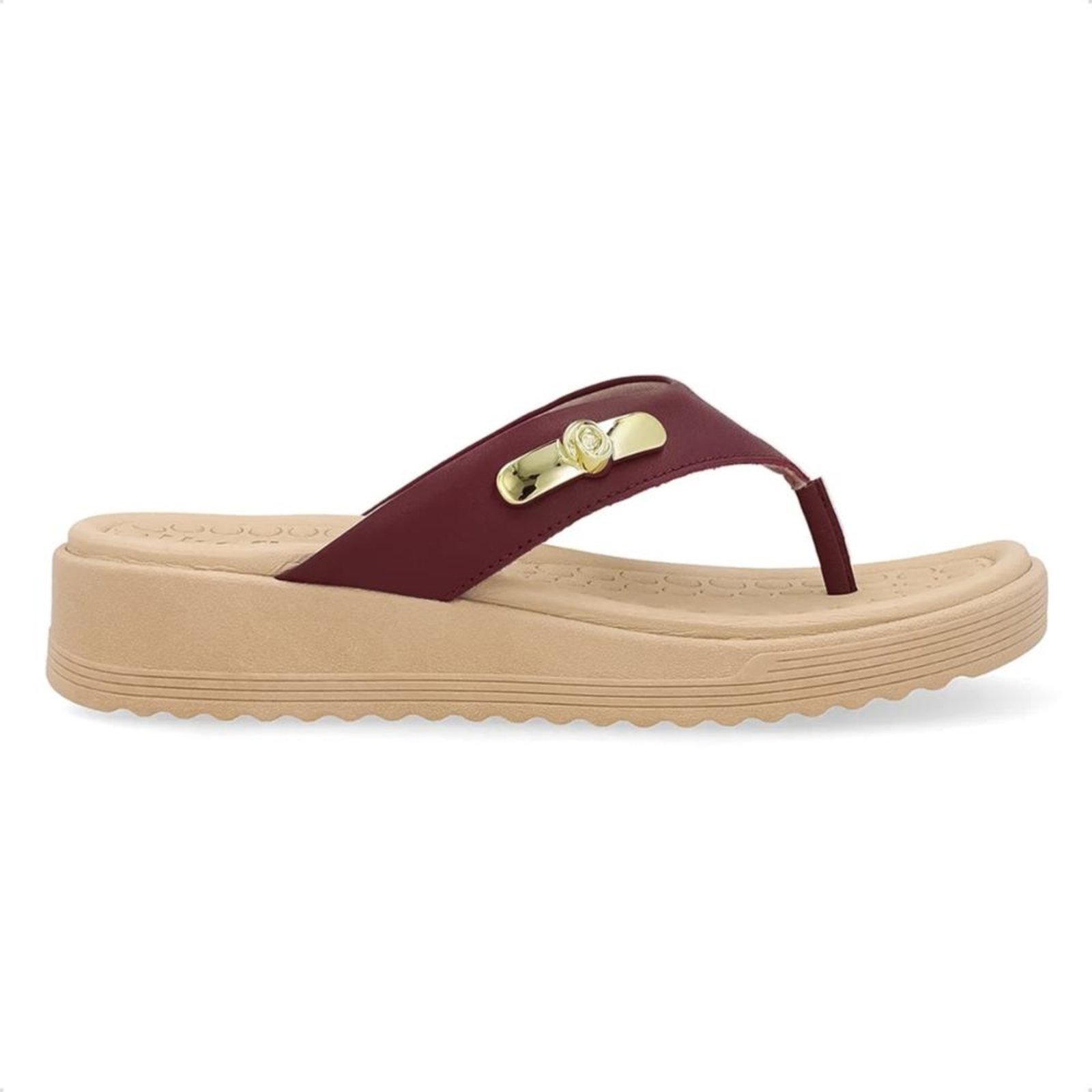 Chinelo Usaflex Feminino Salto Baixo Couro Enfeite Casual UD13001 Vinho