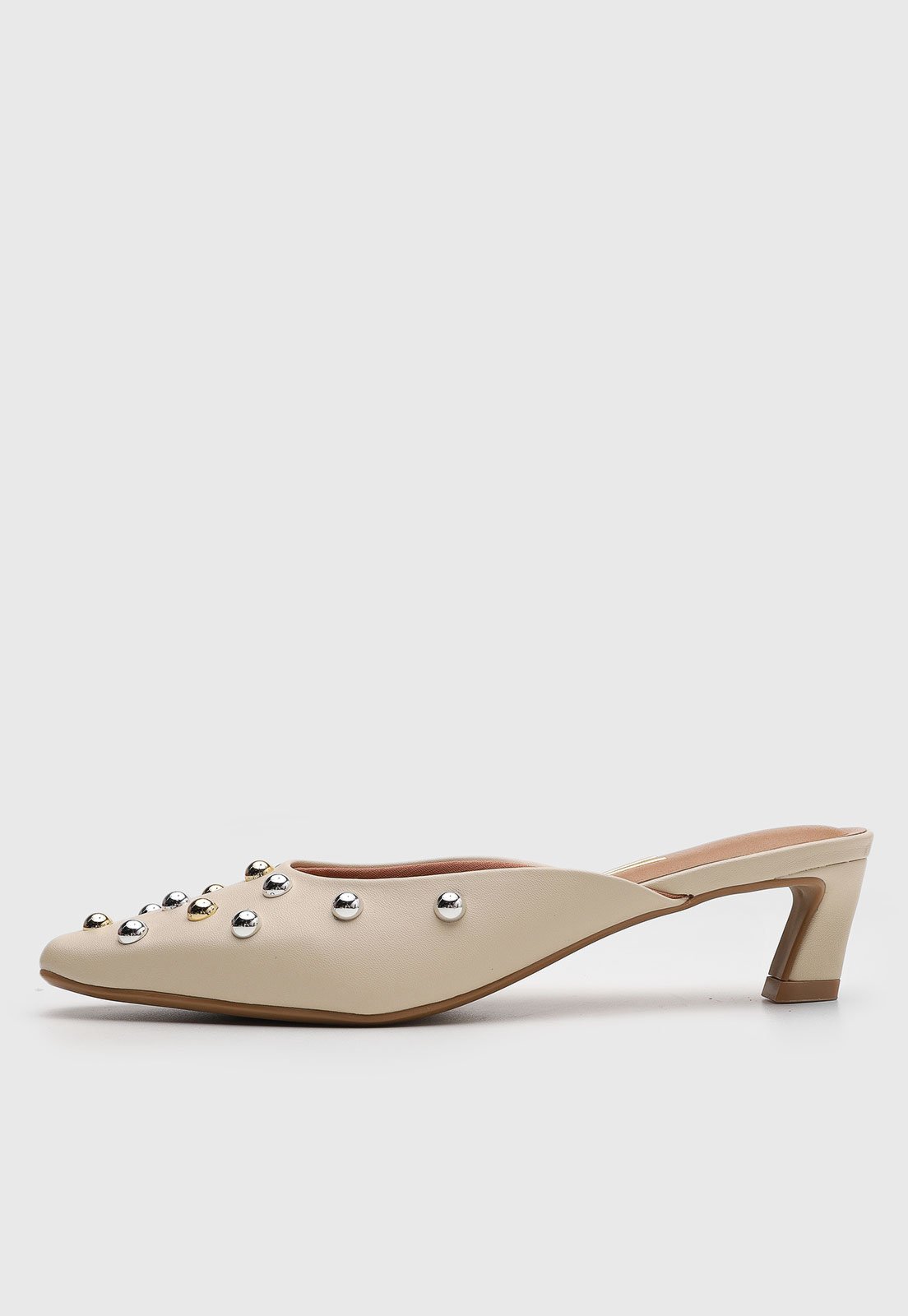 Scarpin Feminino Vizzano Salto Geométrico Aplicações Metalizadas Bege