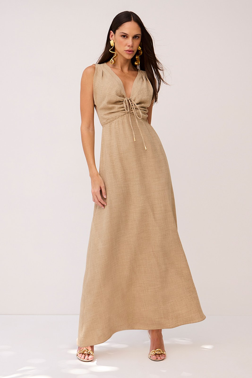 Vestido Longo Liso Decote V Gota Bege Desertico Charry