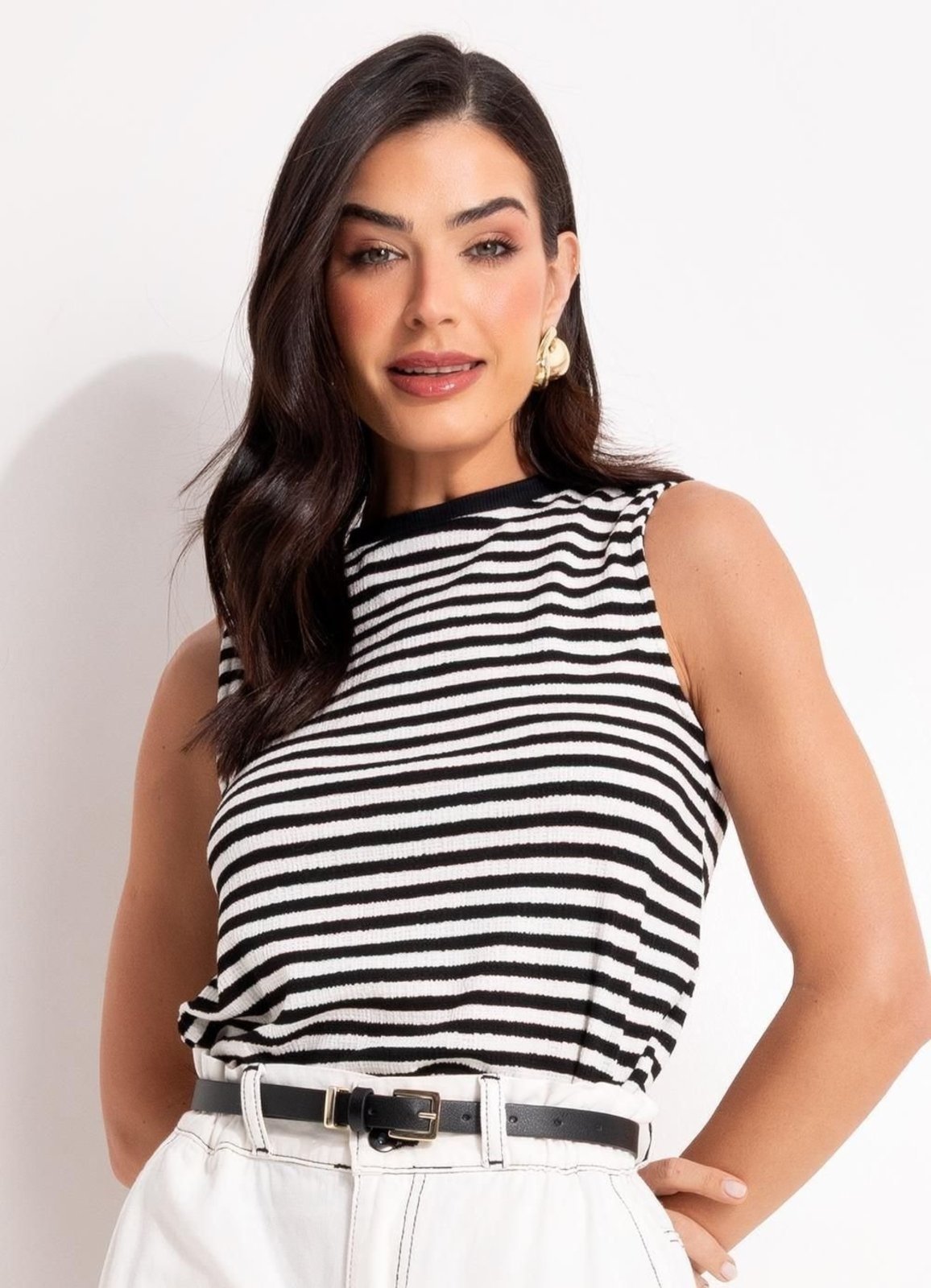 Blusa Em Meia Malha Listrado Preto E Branco Quintess