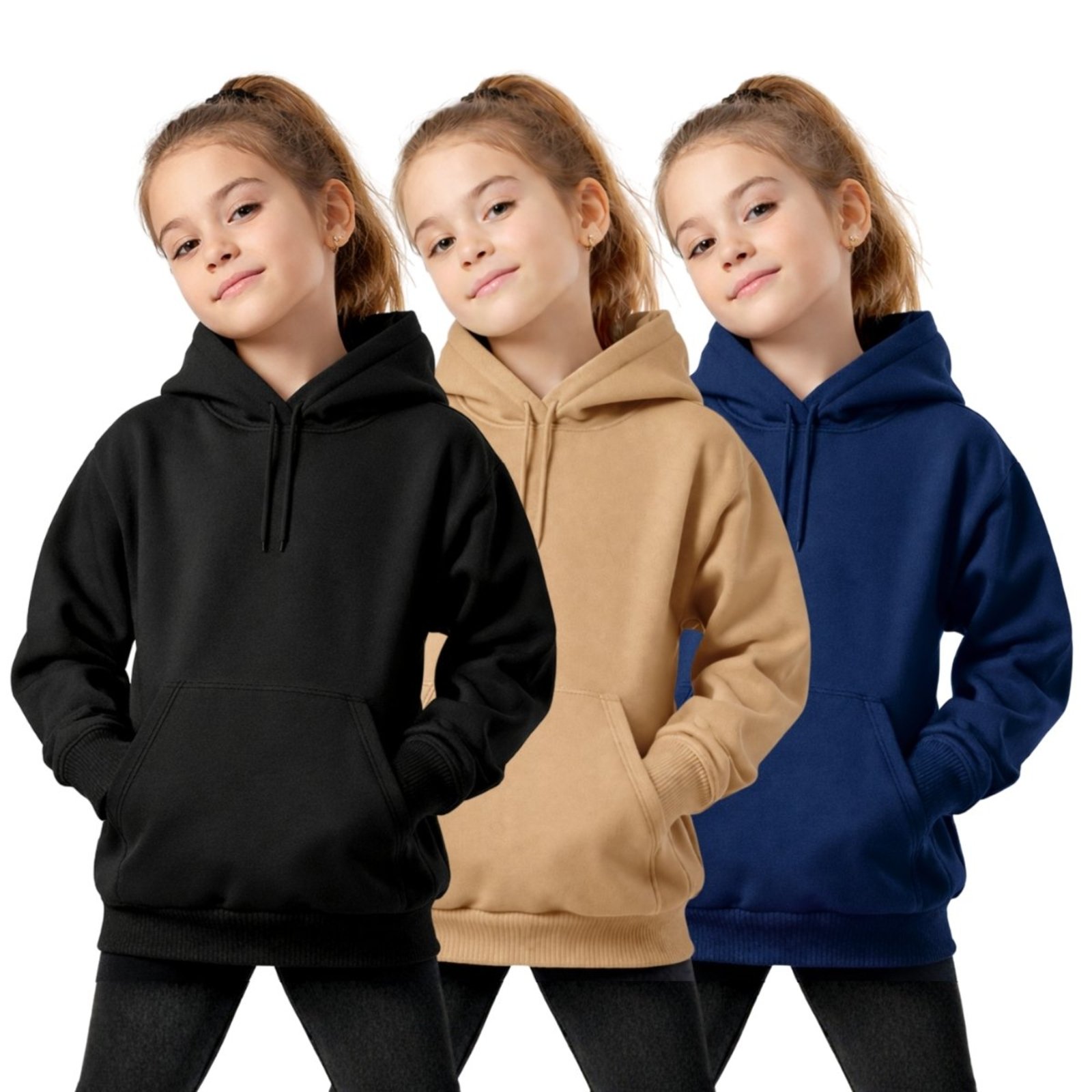 Infantil - Kit 3 Casaco Feminino Liso Moletom Canguru Com Capuz Macio