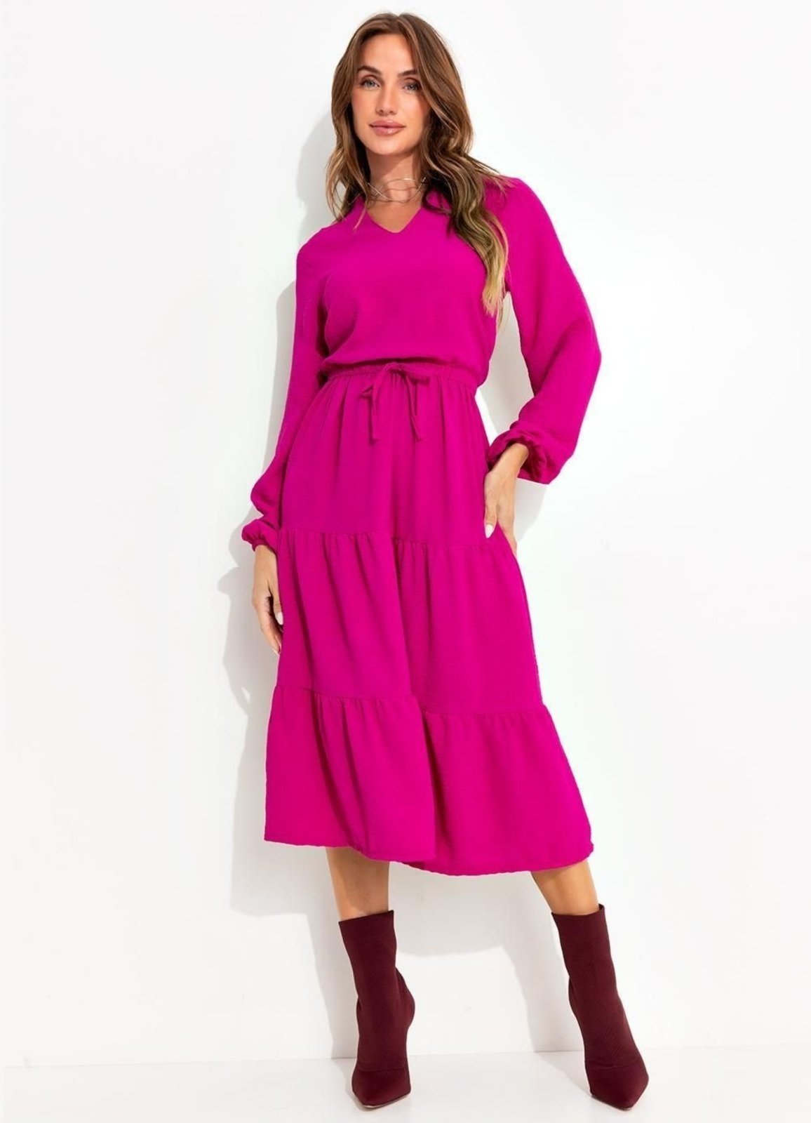 Vestido Crepe Plano Fúcsia Colorido Quintess