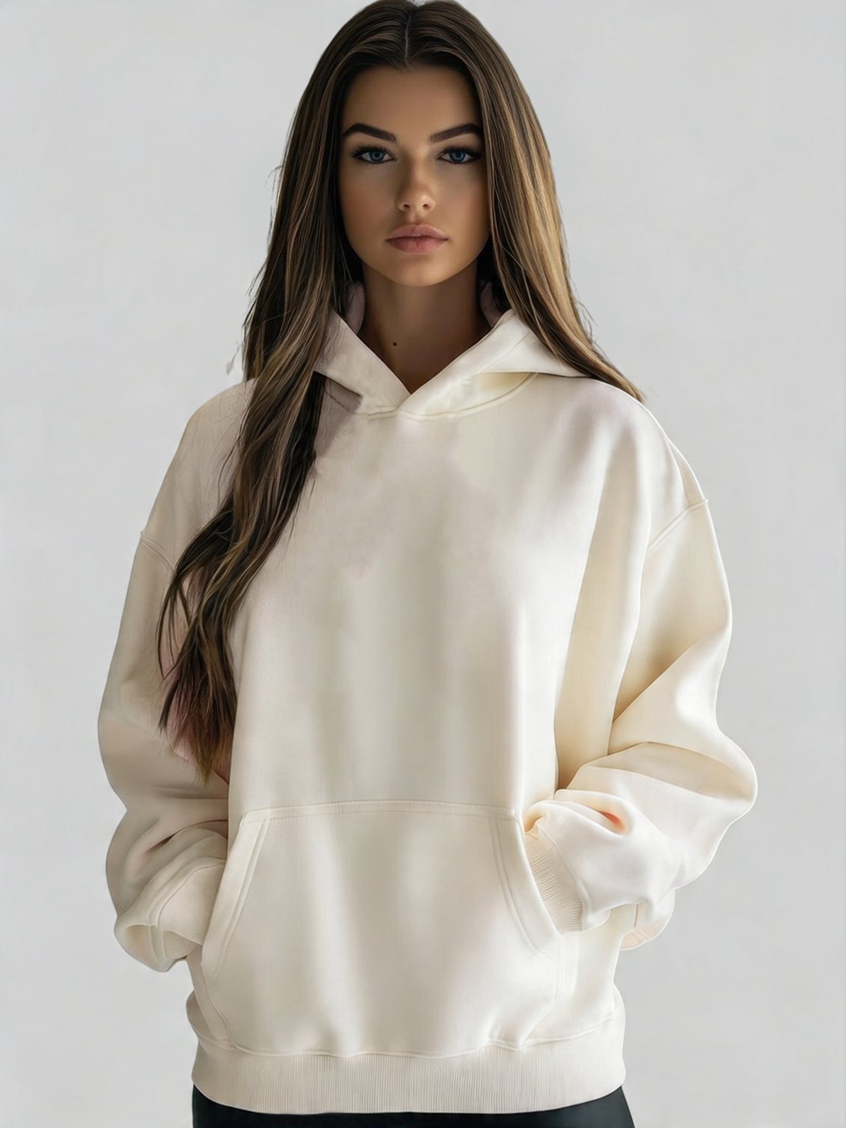 Blusa de Frio Moletom Feminino Flanelado Benellys Liso Canguru Off White