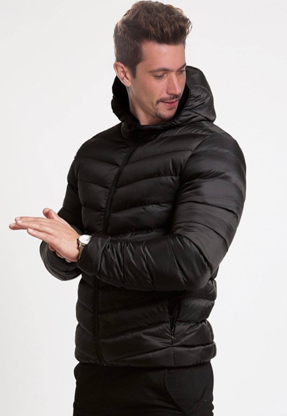 Bobojaco Puffer Slim Fit Leve Masculina Capuz Removível Preto