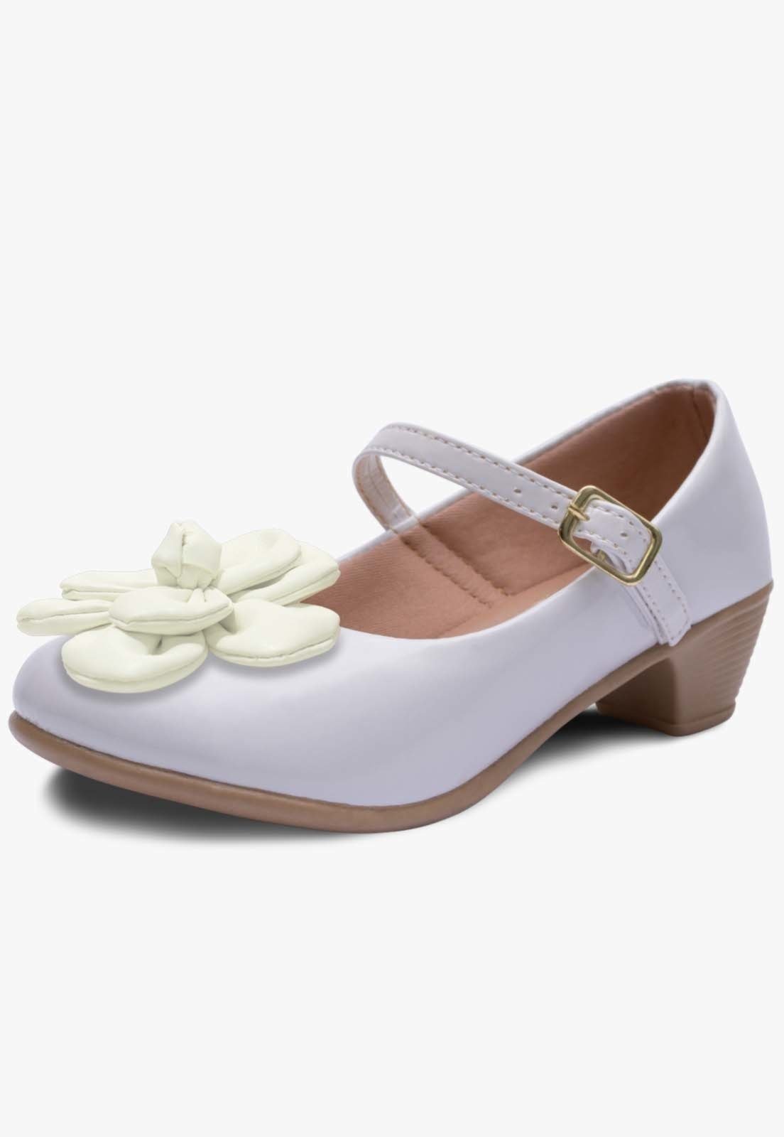 Infantil - Sapato Social Salto Pópidi Menina Petala Flor Branco