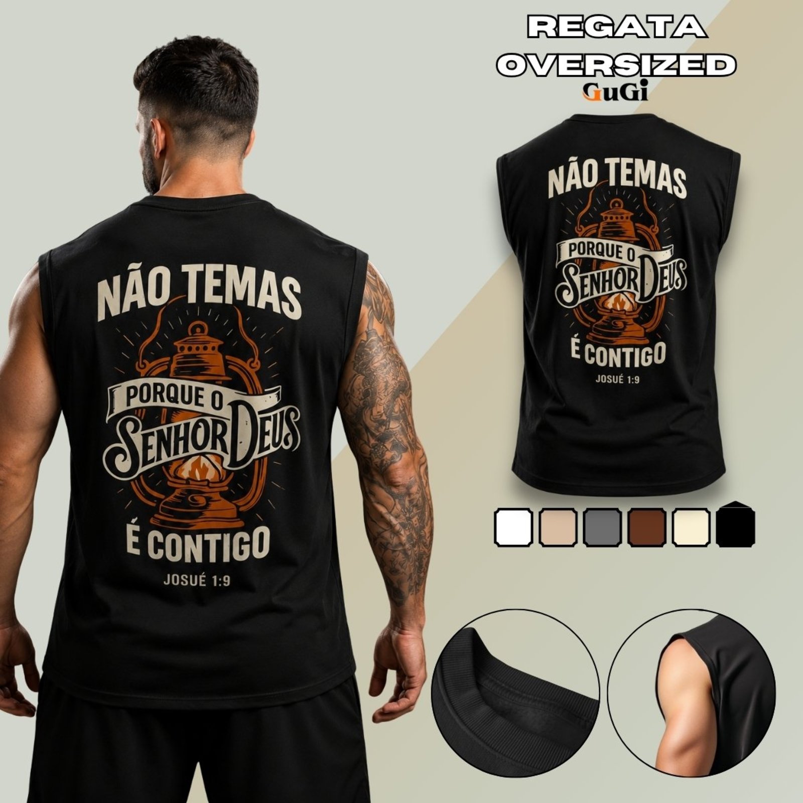 Camiseta Regata Masculina Oversized Estampada Versiculo Josué 9:1 100% Algodão 30.1 Preto