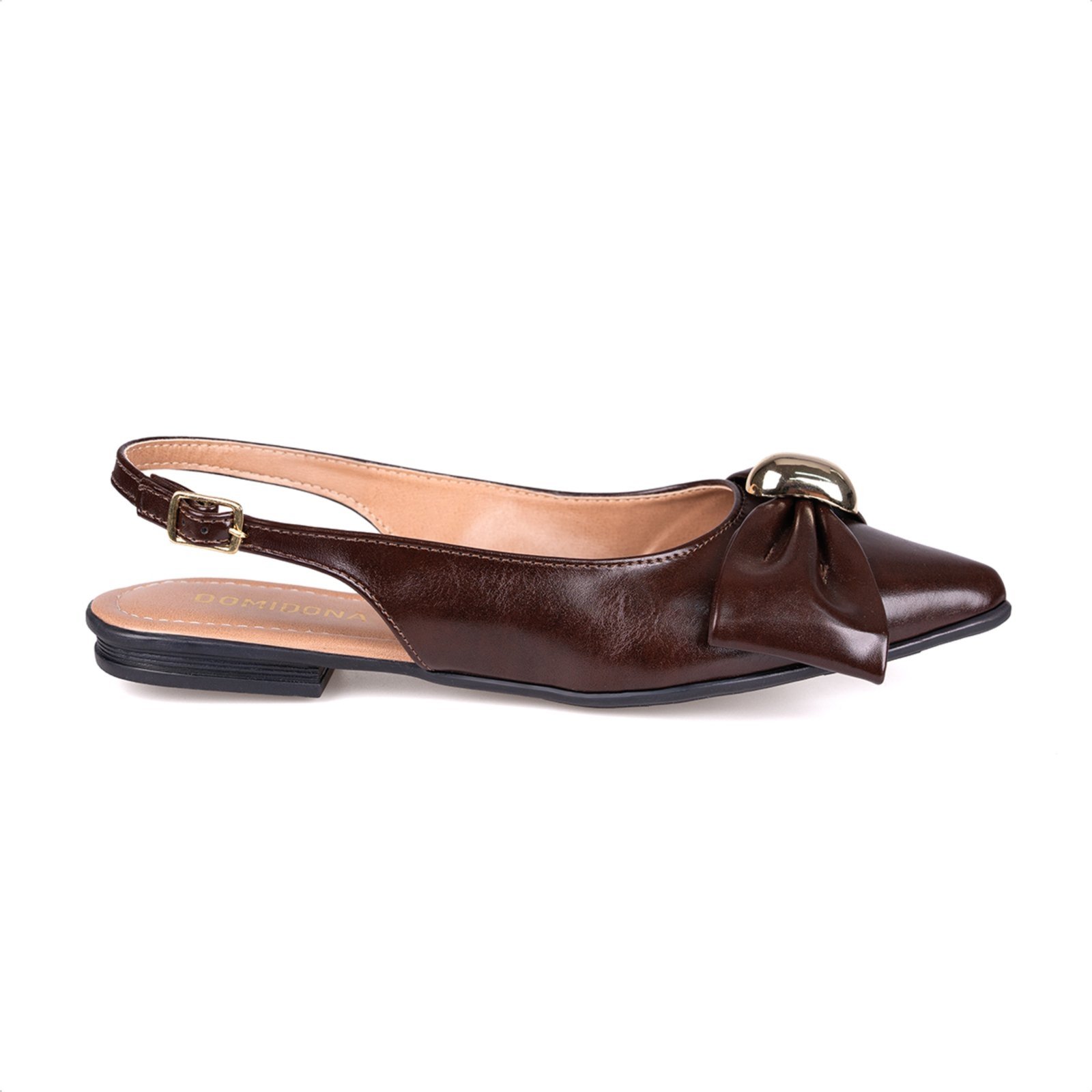 Vista 3 Sapatilha Feminina Slingback Bico Fino Laço Aplique Metalizado caramelo caramelo