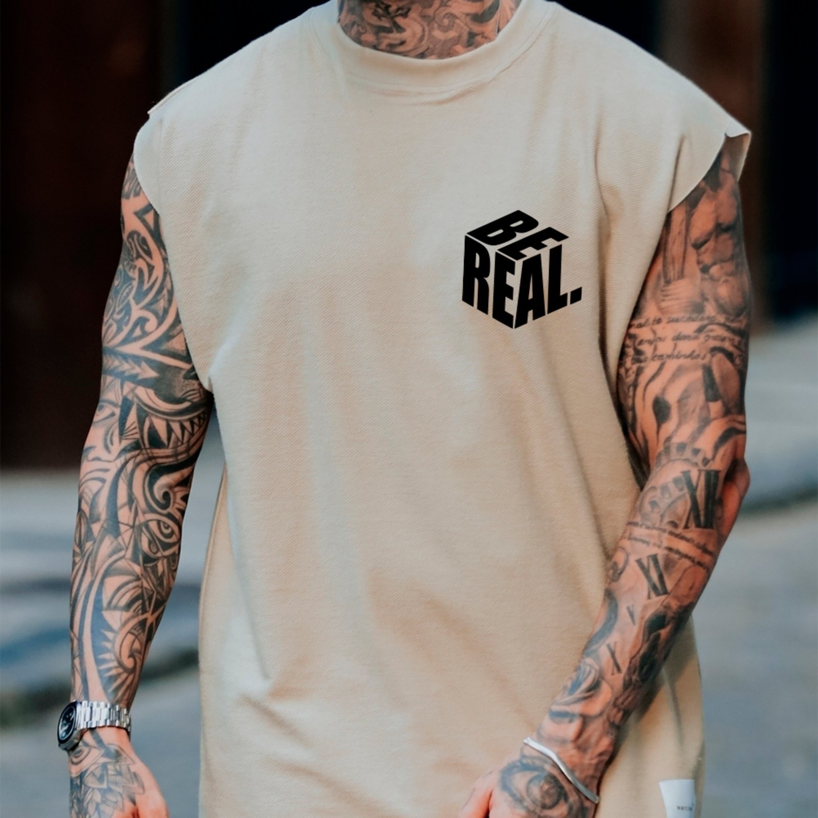 Vista 3 Camiseta Regata Machão Ousy Frase Motivacional Be Real Oversized Masculina Off White off-white white ousy off-white white