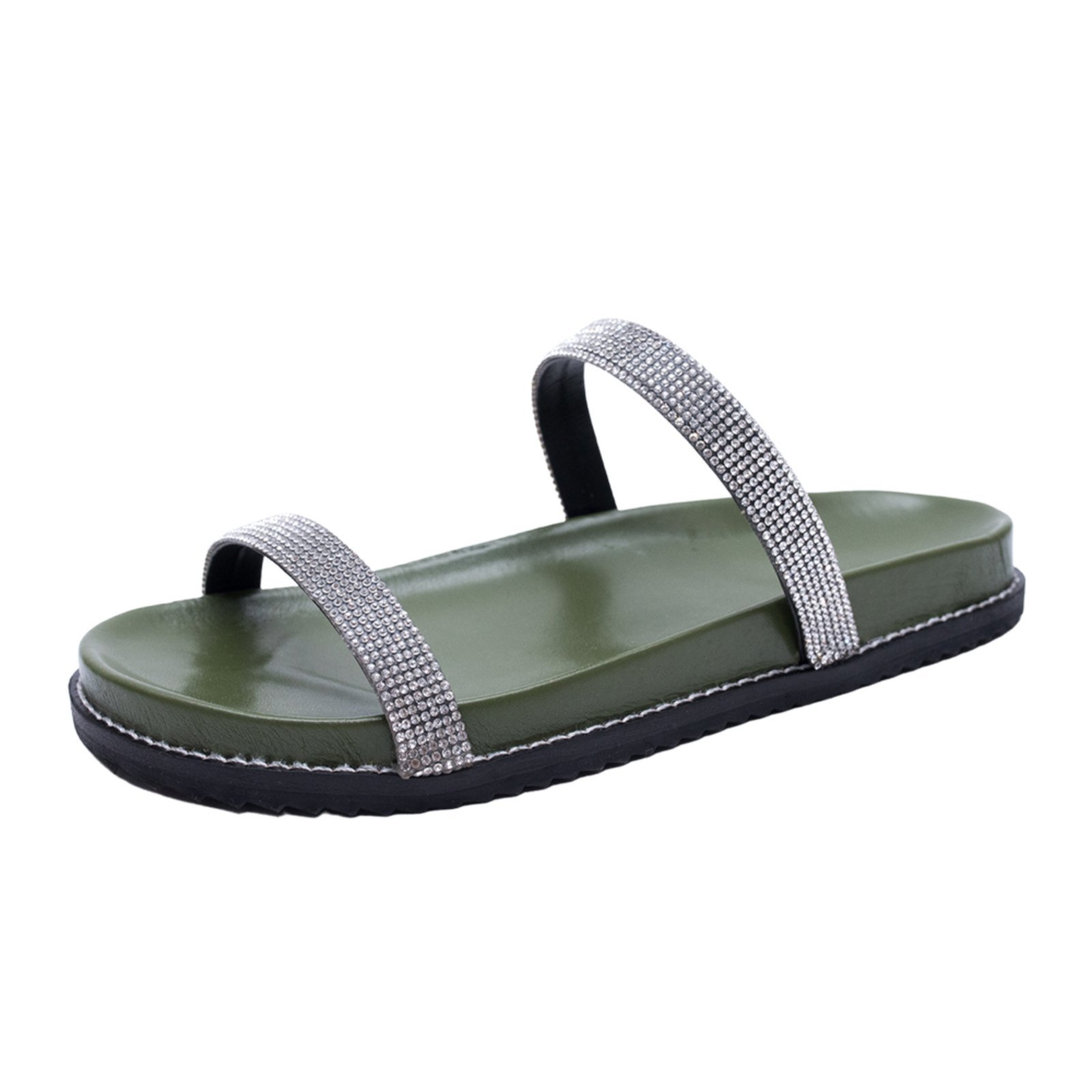 Papete Sandalia Rasteira Flat Verde Militar Manta de StrassTellini Store