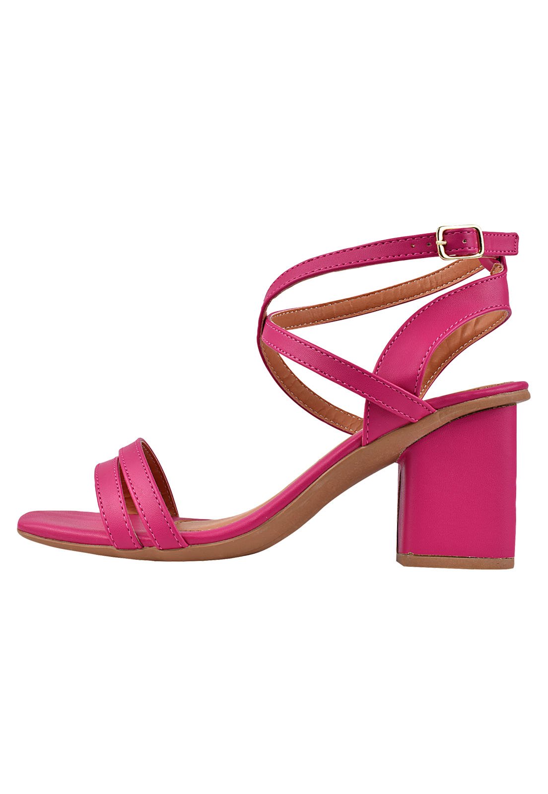 Sandália Feminina Salto Baixo 5cm Bloco Tiras Cruzadas Bico Quadrado Rosa