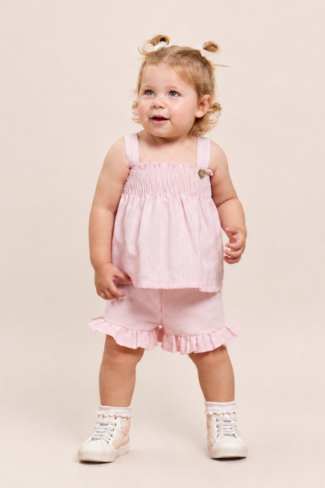 Infantil - Conjunto Menina Verão Batinha e Shorts com Babados Linho Rosa
