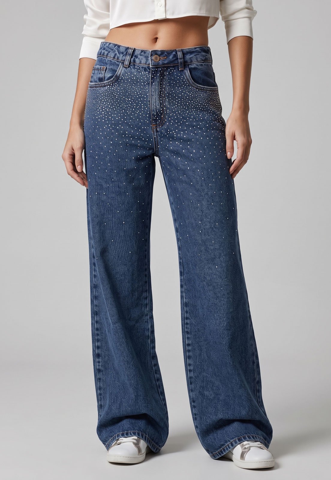 Calça Feminina Sawary Jeans Wide Leg Brilho Azul
