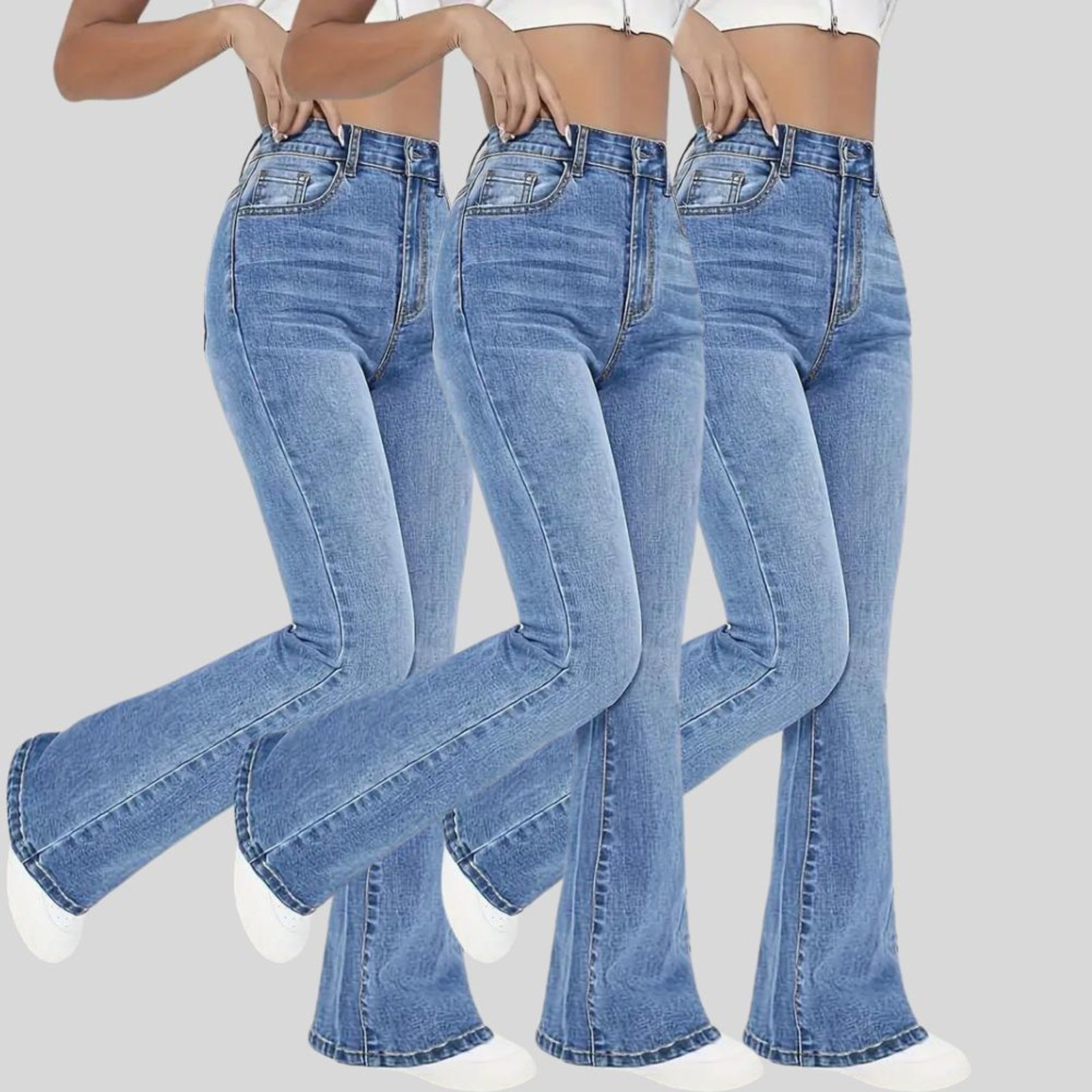 Kit 3 Calça Flare Jeans Feminina Text Jeans Boca de Sino Cintura Alta Modeladora Azul Claro