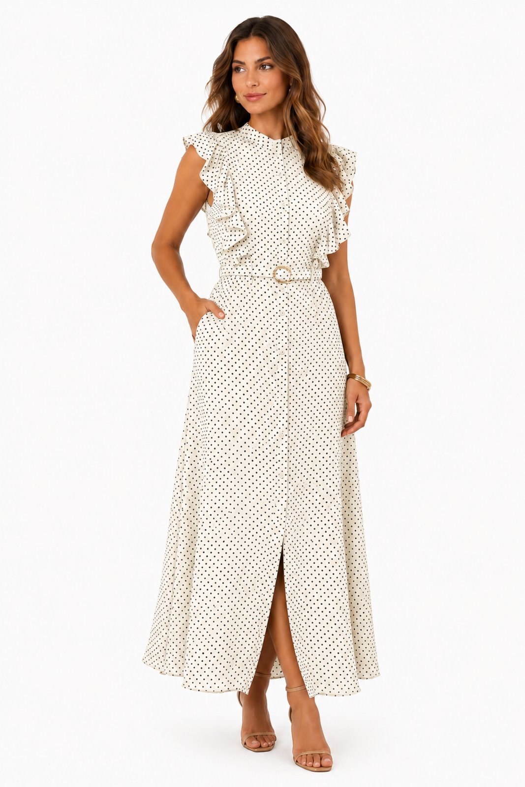 Vestido Longo D Bell Outlet Fashion Crepe Poá Branco
