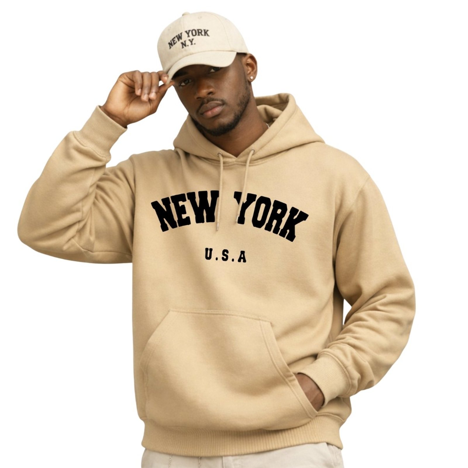 Kit Moletom Canguru Estampado Com Capuz + Boné Aba Curva Masculino Bordado NY
