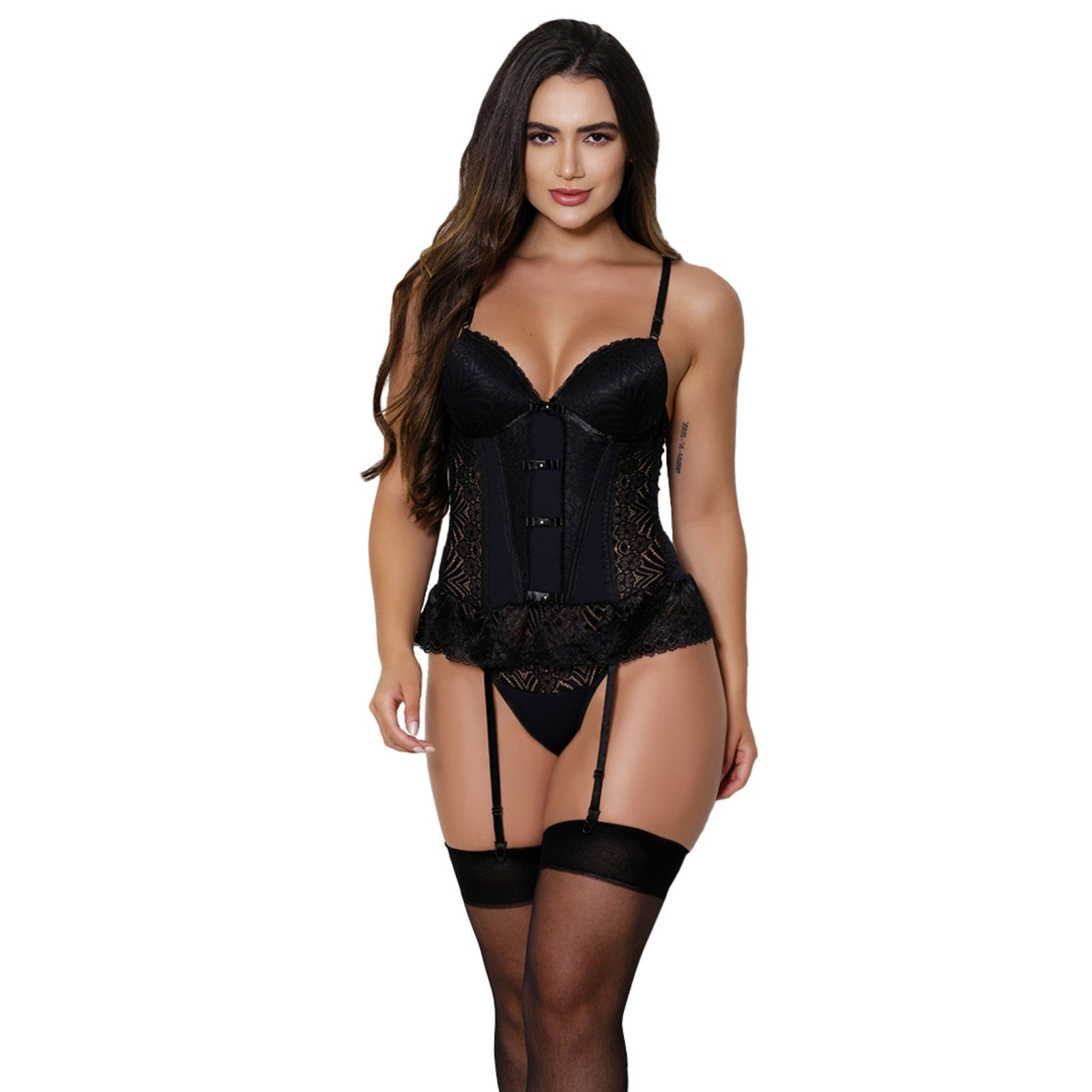 Espartilho Sexy Gabi Lingerie Conjunto Feminino Renda Calcinha Sensual Cinta Liga Preto