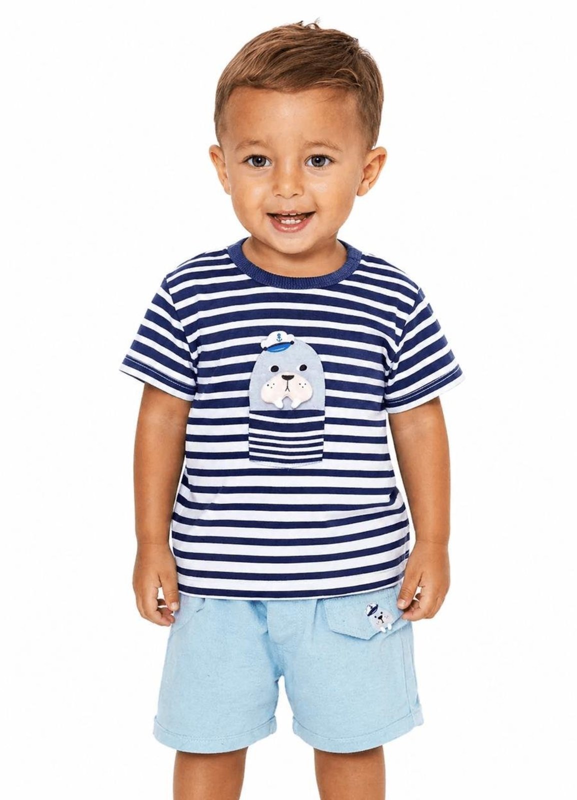 Infantil - Camiseta Menino Pequeno Marujo Listrado Alphabeto Branco
