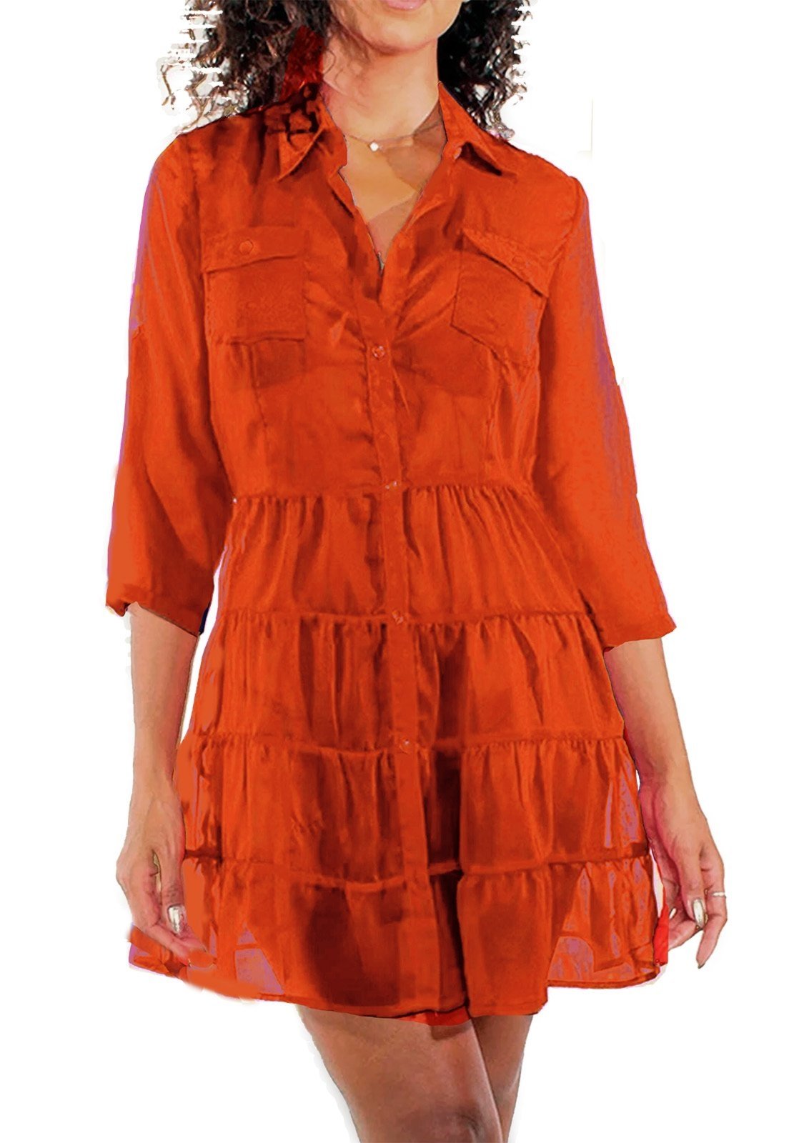 VESTIDO CHEMISE SAÍDA Evasê Manga 3/4 Babados Curto Crepe Semitransparente Liso Laranja