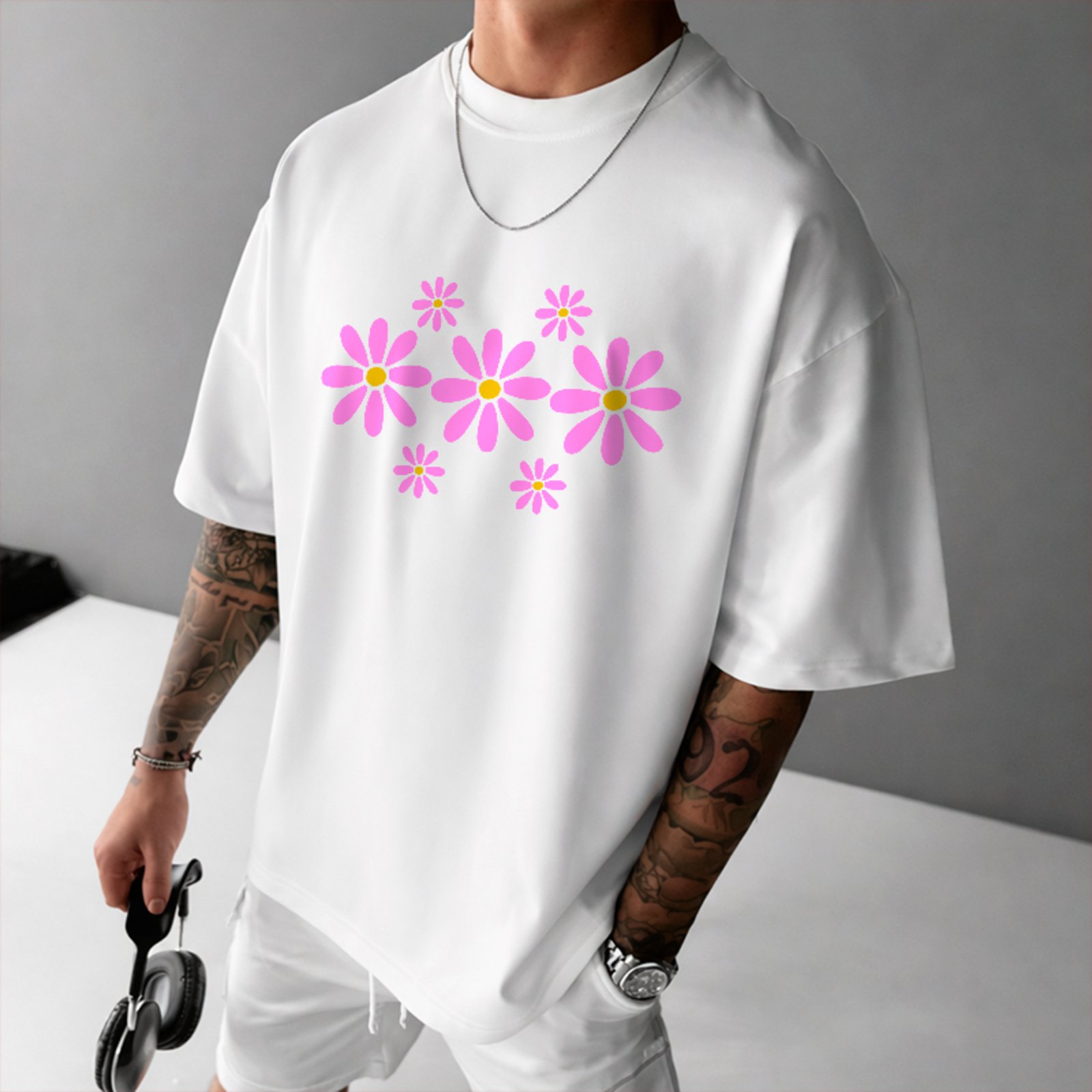 Camiseta Oversized Floral Cute Style Unissex Branco