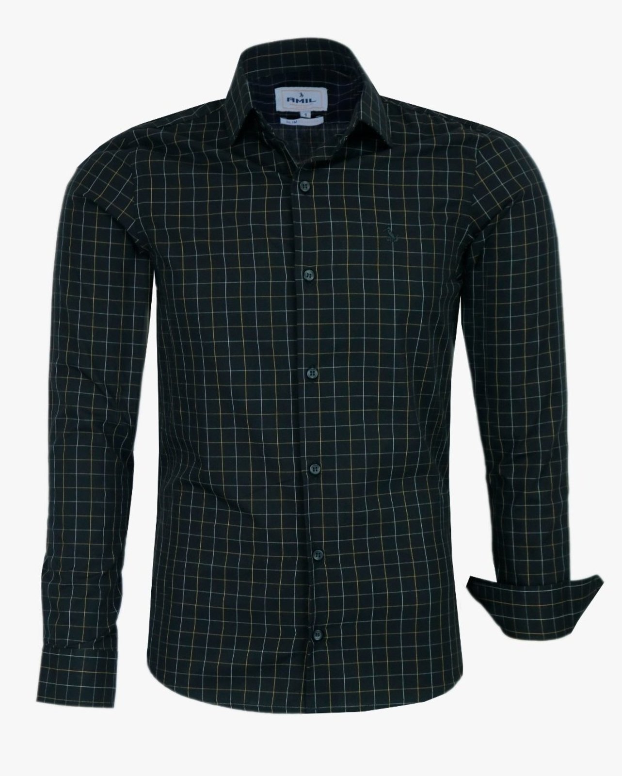 Camisa Social Amil Slim Ponyta Algodão Micro Xadrez Manga Longa Luxo Preto