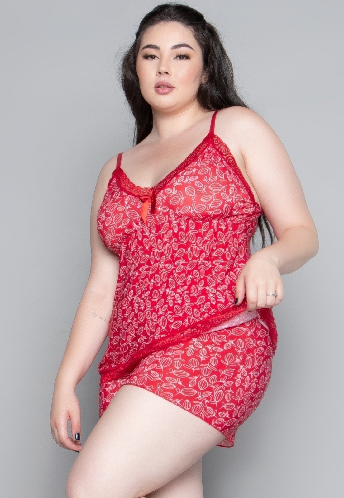 Baby Doll Plus Size Bella Fiore Modas Feminino Liganete e Renda Estampado Vermelho