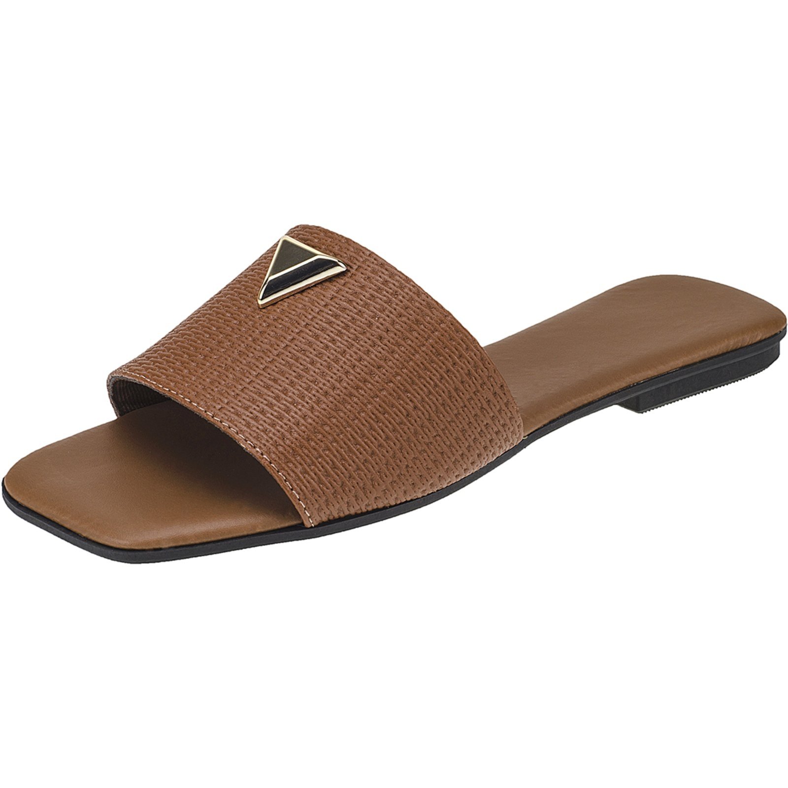 Rasteira Feminina Dourada Fashion com Detalhe de Metal Triangular Caramelo