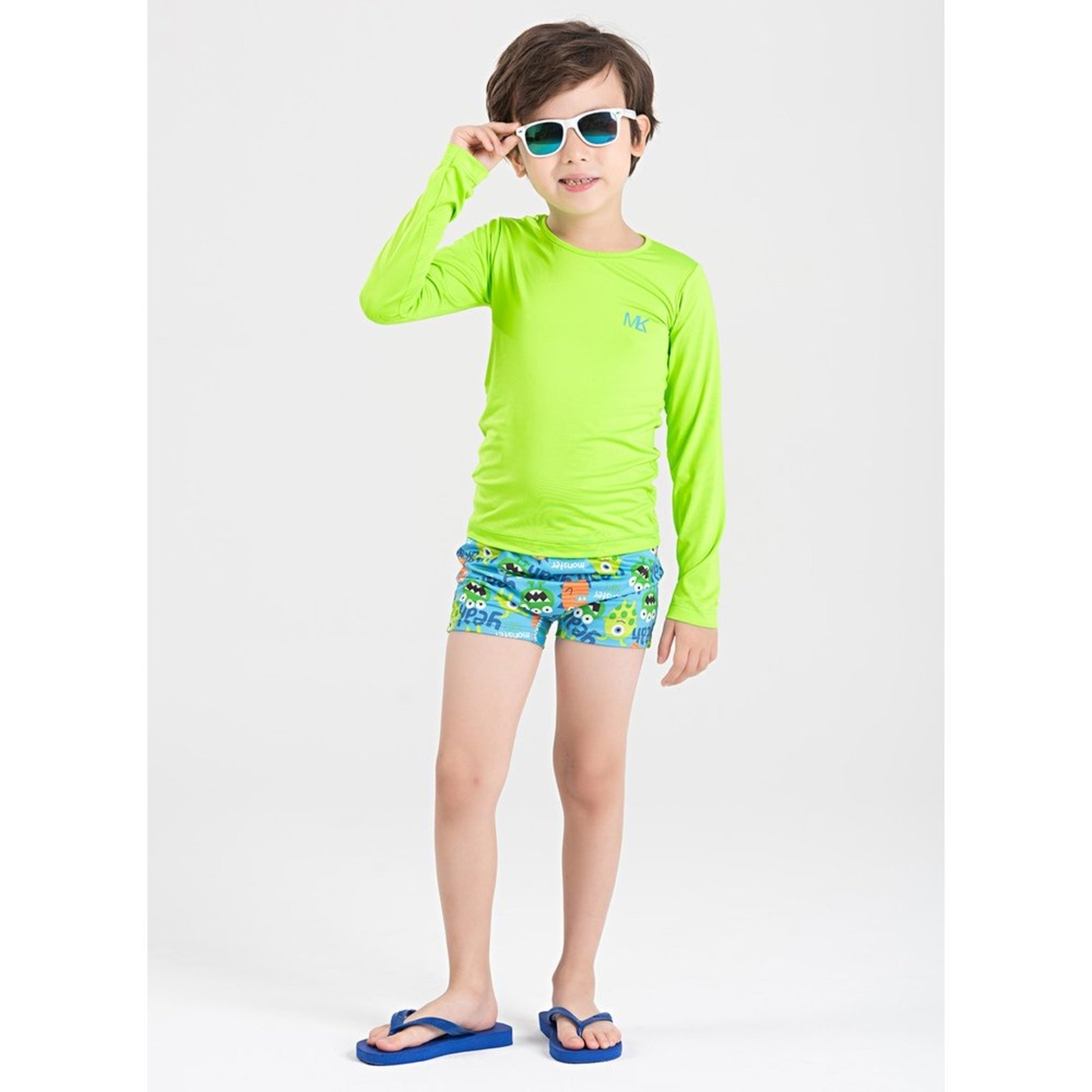 Conjunto Praia Menino Verde Camiseta Manga Longa e Sunga Monster