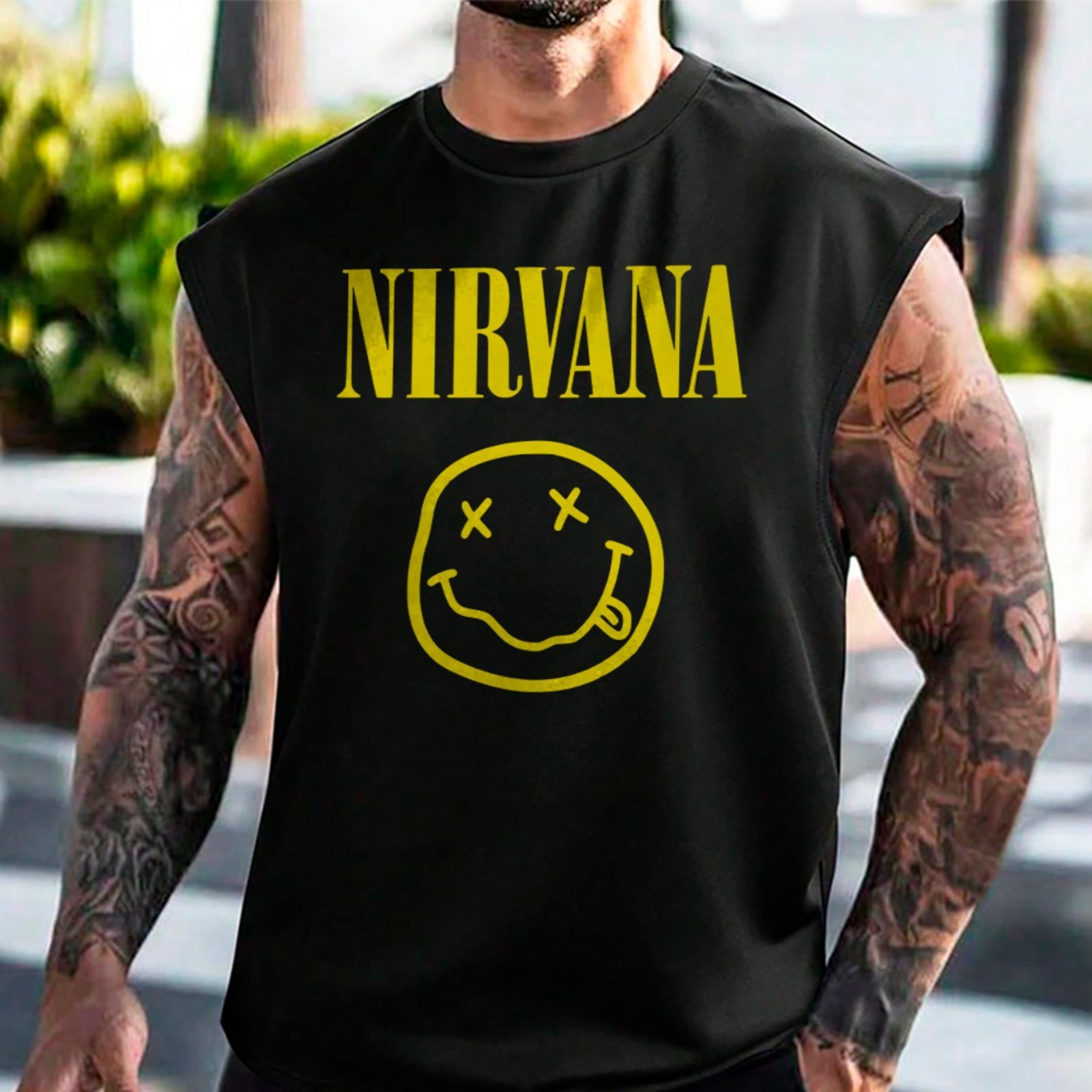 Camiseta Regata Machão Nirvana Smiley Grunge Rock Street Style Premium Preto
