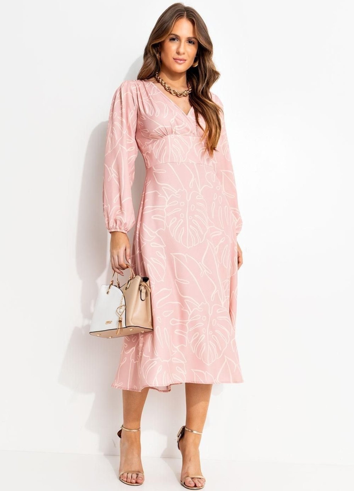 Vestido Feminino Folhagem Em Alfaiataria Sarjada Rosa