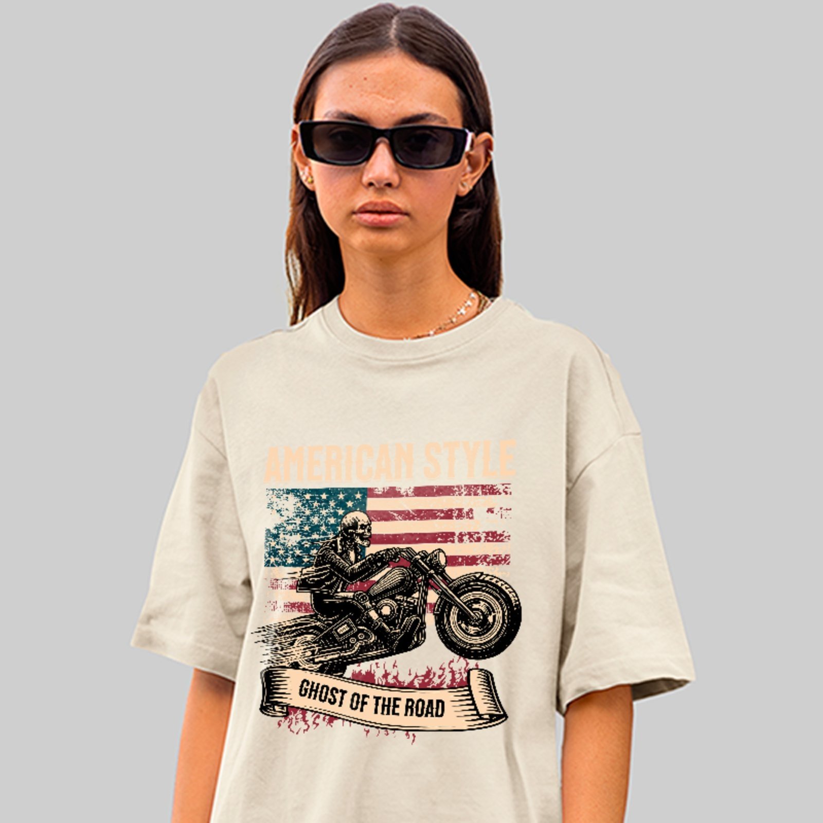 Camiseta Oversized American Style Ghost Of The Road Biker Unissex Off White