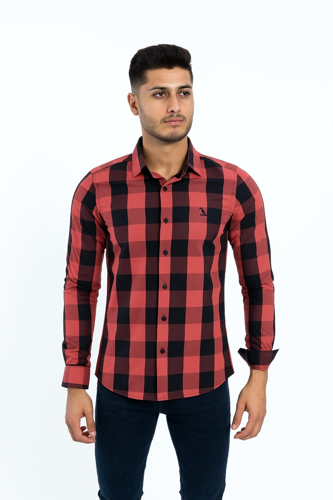 Camisa Manga Longa Amil Modelagem Slim Tecido Algodão Xadrez Clássico Vermelho 1899 6
