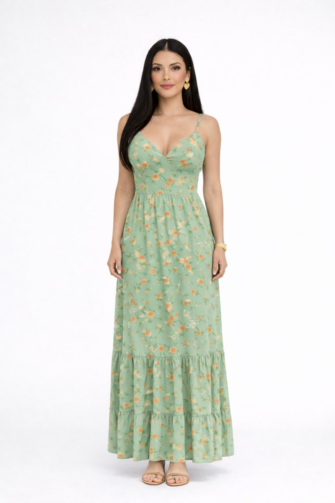 Vestido Longo D Bell Outlet Fashion Decote V Verde