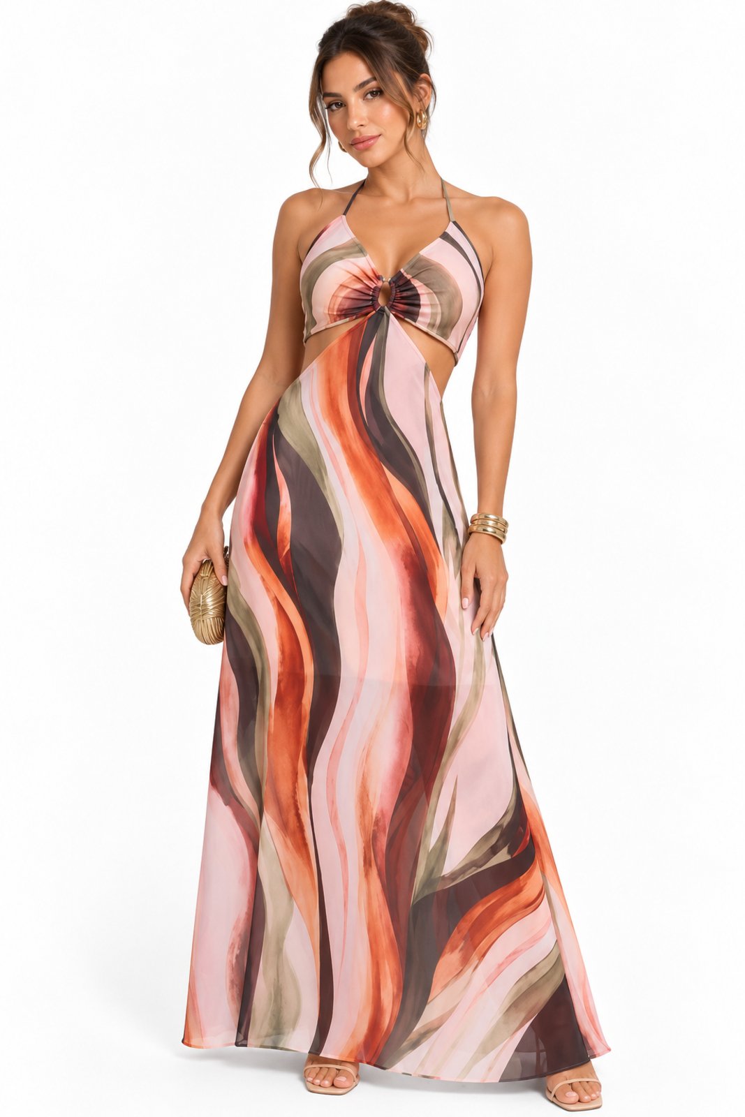 Vestido Longo D Bell Outlet Fashion Tule com Recortes e Argola Estampado Rosa