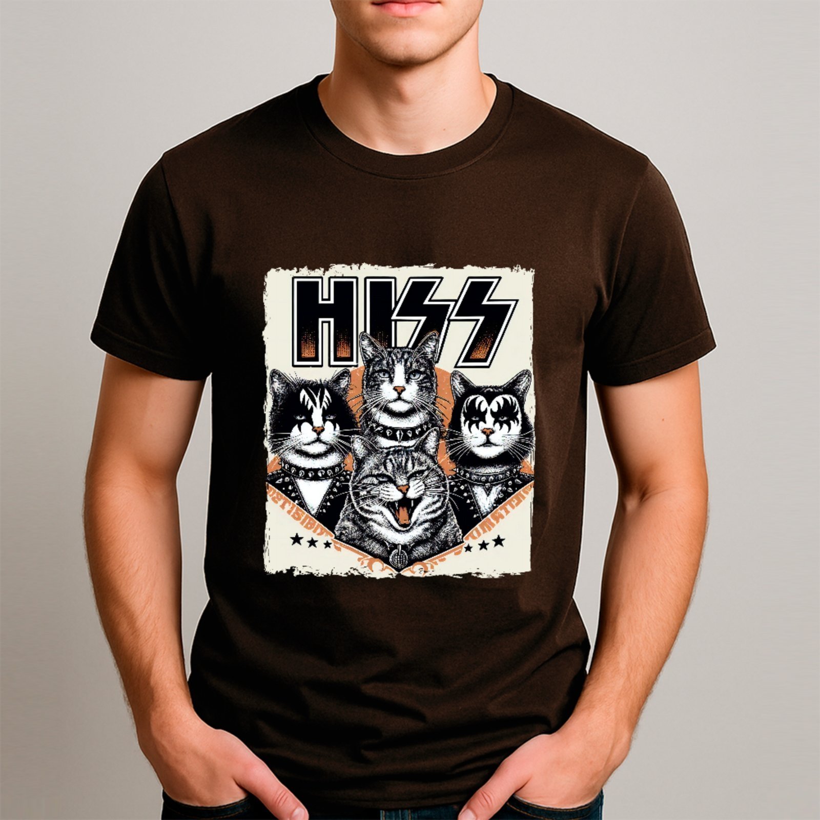 Camiseta Ousy Básica Gatinhos Rockstar Engraçado Banda Hiss Unissex Marrom