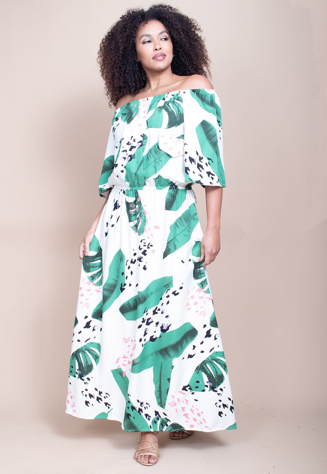 Vista 3 Vestido Midi Cabanafree Ciganinha Viscose com Lapela Estampa Folhagem Poética estampado/off-white/preto Cabanafree estampado/off-white/preto