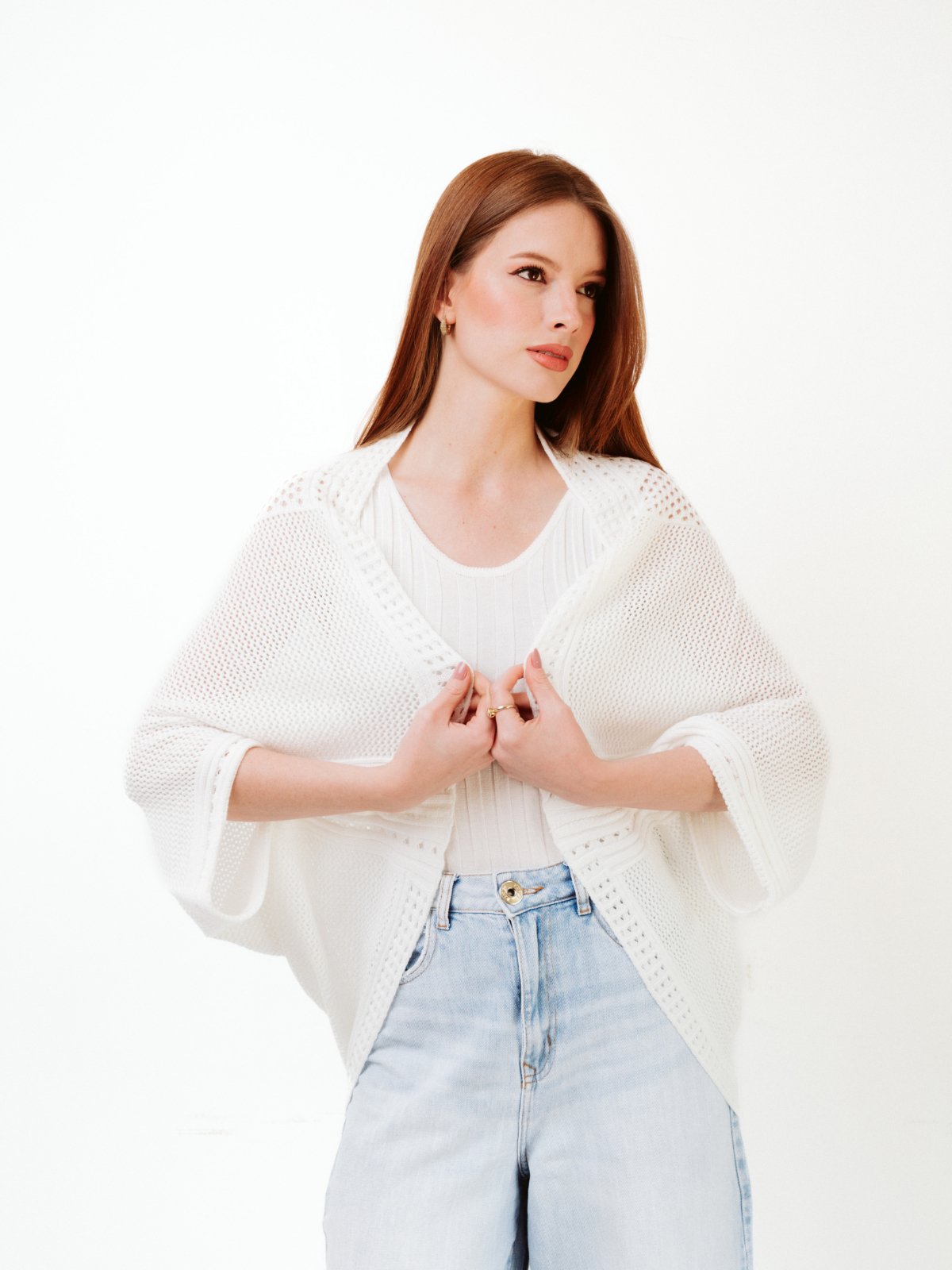 Casaco La Cor Tricot Casulo Rendado Off White