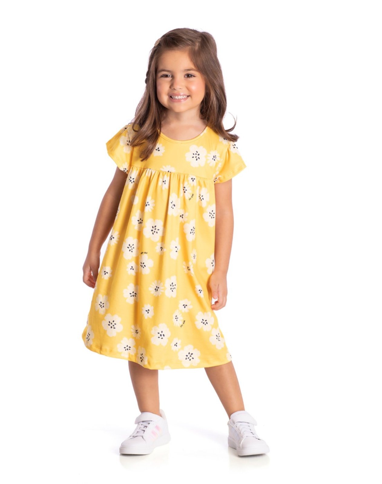 Infantil - Vestido floral manga curta malha modal amarelo