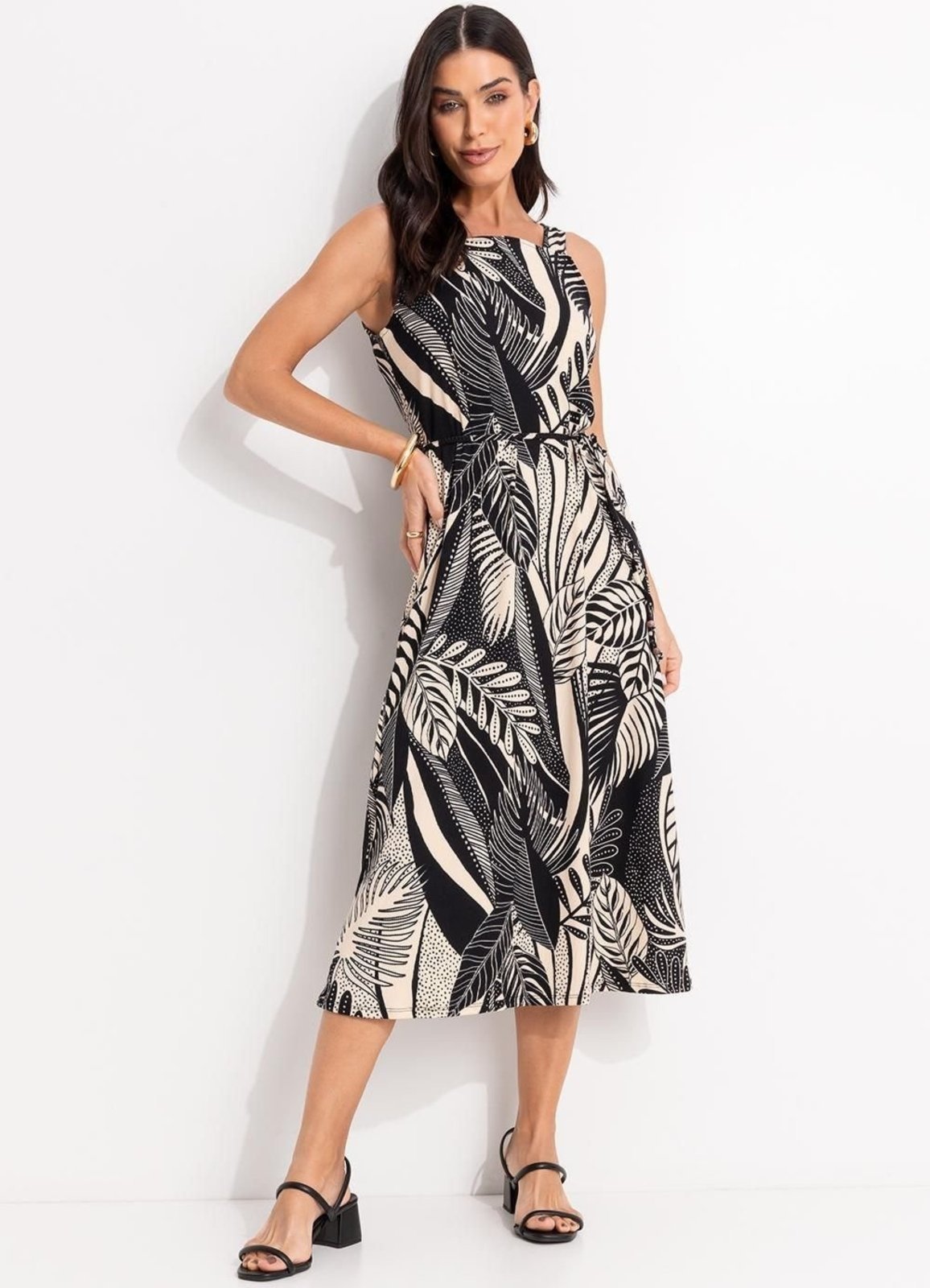 Vestido Em Canelado Folhagem Preto Quintess