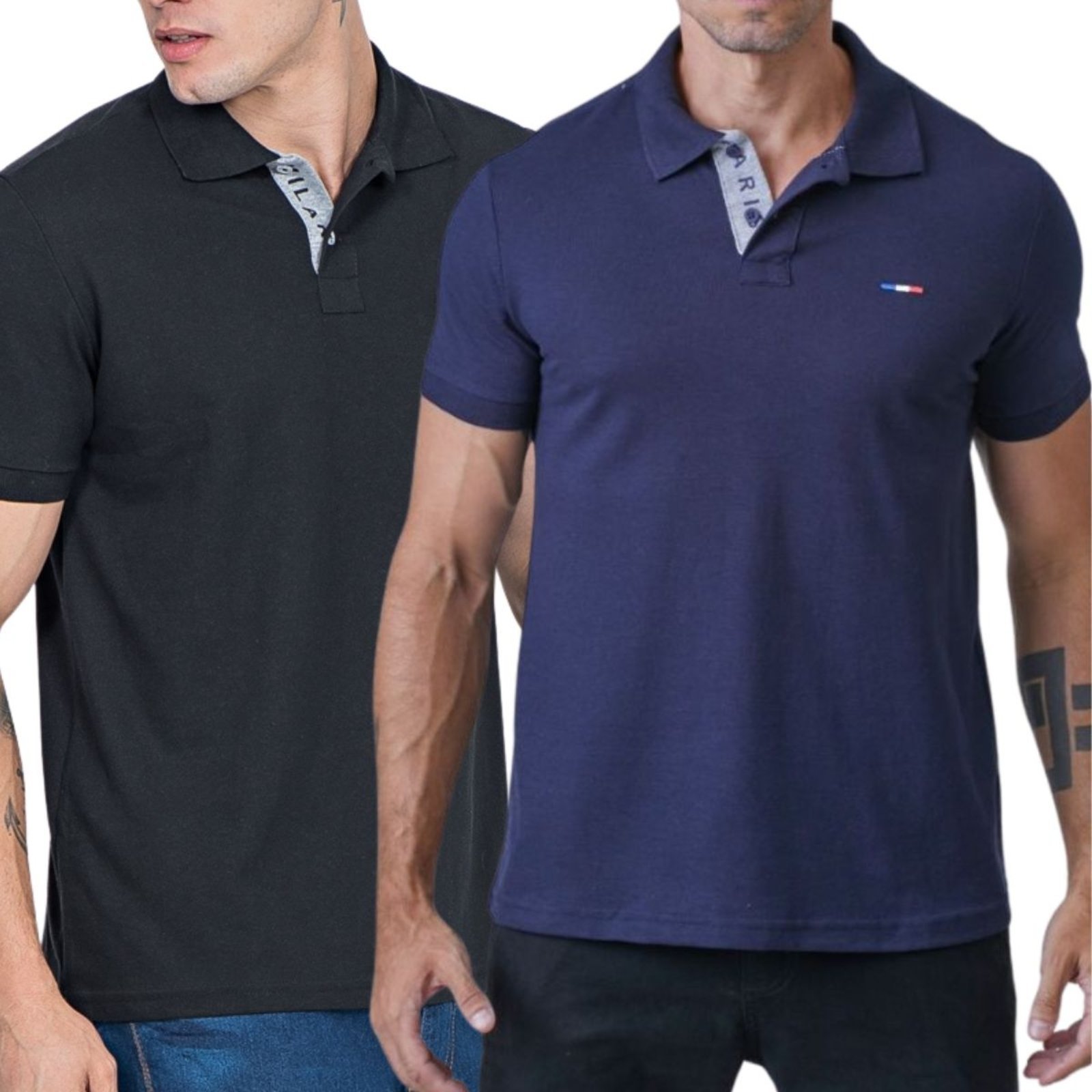 Kit 2 Polos Masculina Básicas FMF Preto e Marinho Piquet no Estilo Tommy Bordado França