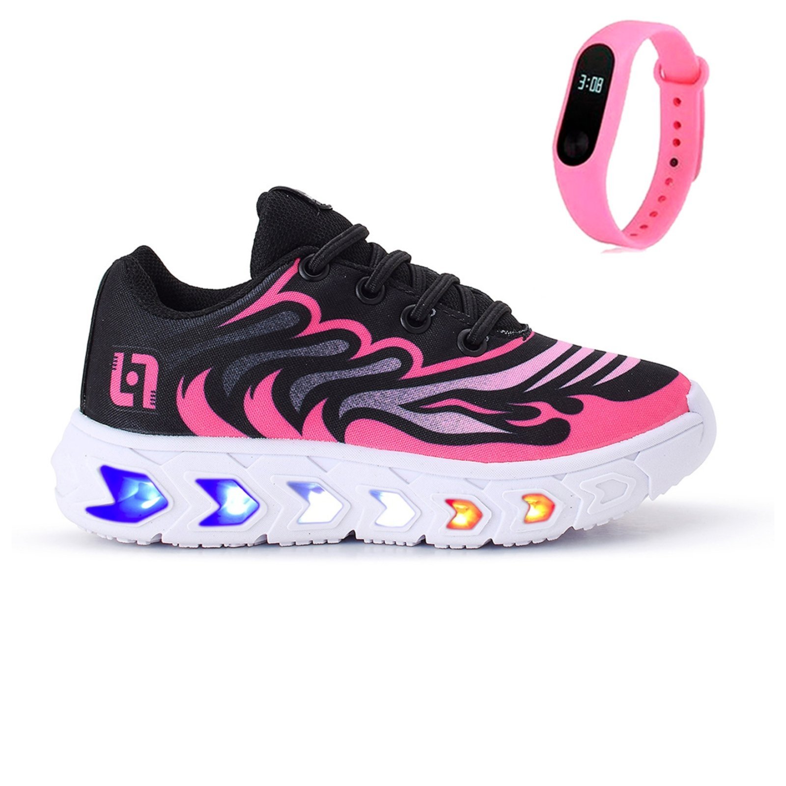 Infantil – Tenis de Led Meninas Casual Escolar Calce Facil Preto + Relogio
